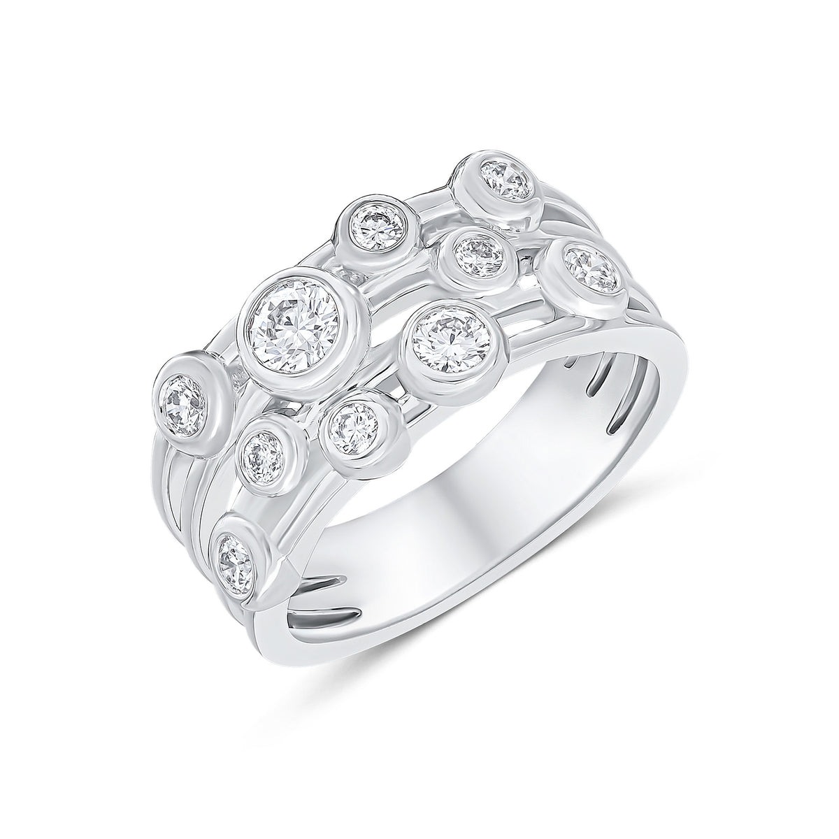 18CT WHITE GOLD ROUND DIAMOND RUBOVER BUBBLE 4 ROW BAND RING