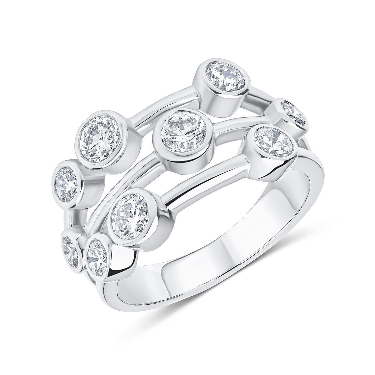 PLATINUM DIAMOND 3 ROW BUBBLE RING. 1.50CT TOTAL