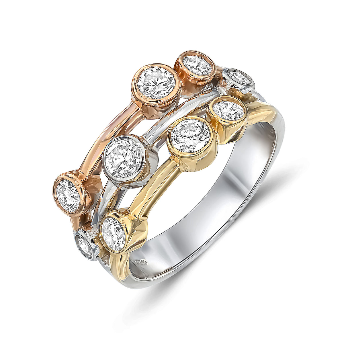 18CT YWRG ROUND DIAMOND 3 ROW BUBBLE RING. 1.00CT TOTAL