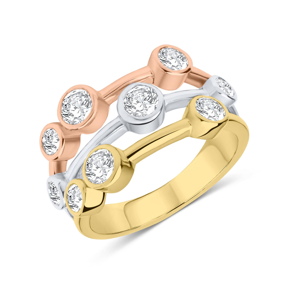 18CT YWRG ROUND DIAMOND 3 ROW BUBBLE RING. 1.50CT