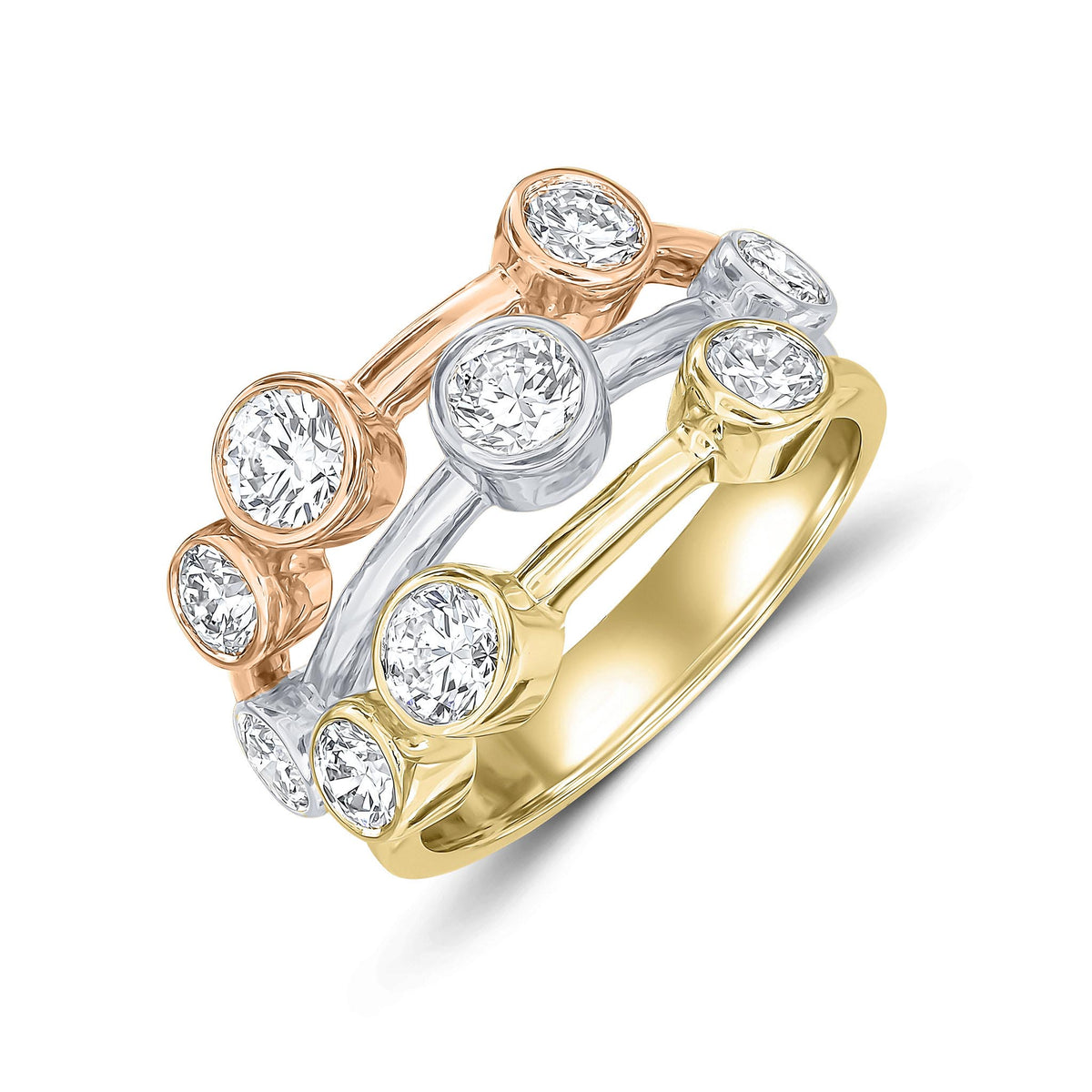 18CT YWRG DIAMOND 3 ROW BUBBLE RING. 1.75CT TOTAL