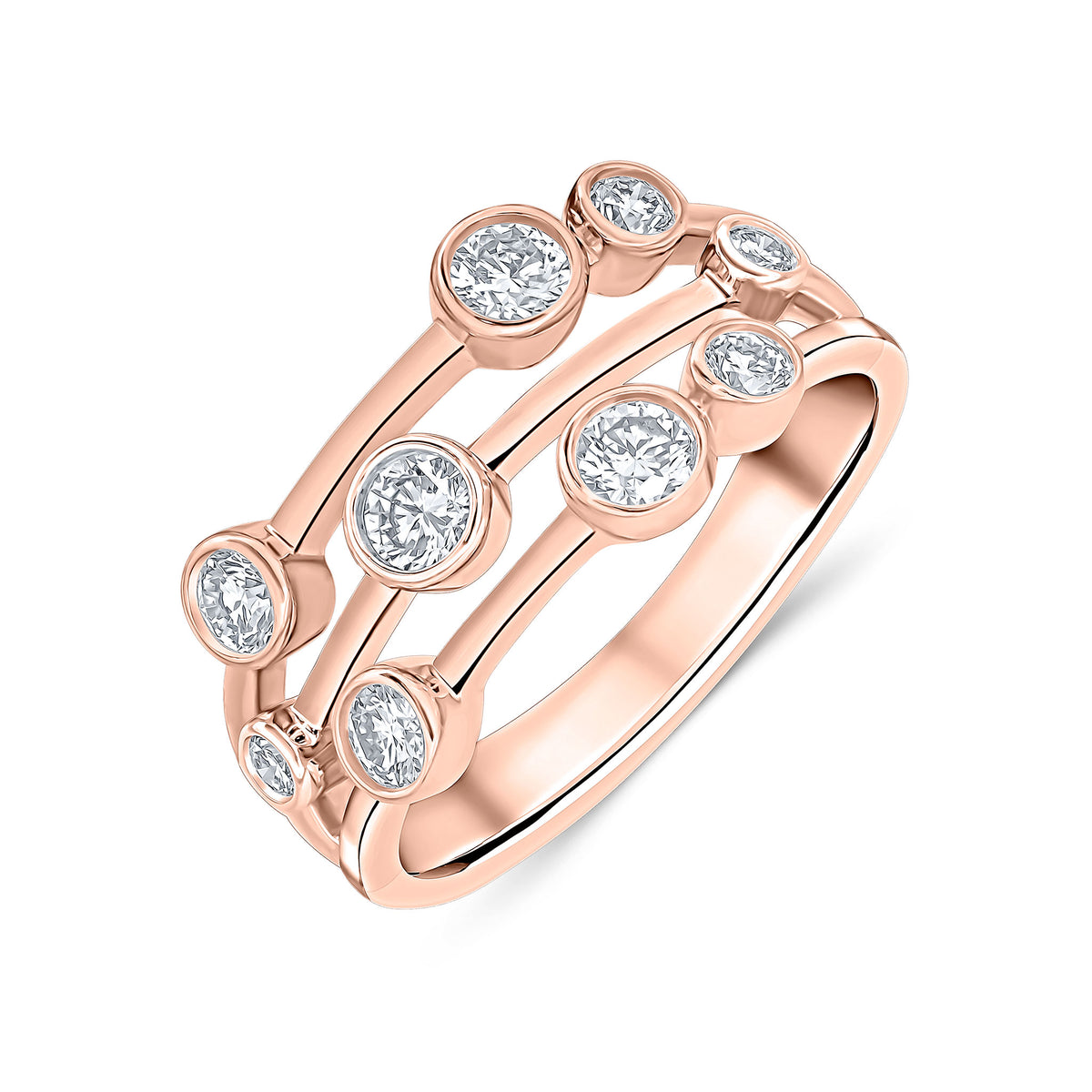 18CT ROSE GOLD DIAMOND 3 ROW BUBBLE RING. 0.75CT TOTAL