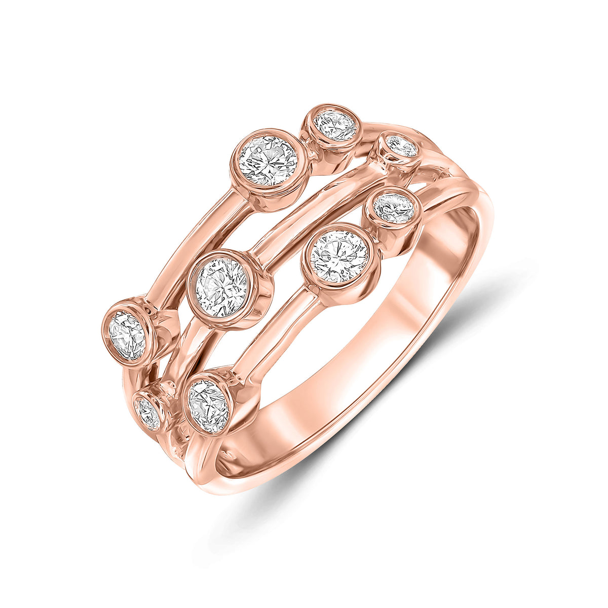 18CT ROSE GOLD ROUND DIAMOND 3 ROW BUBBLE RING.   0.50CT TOTAL