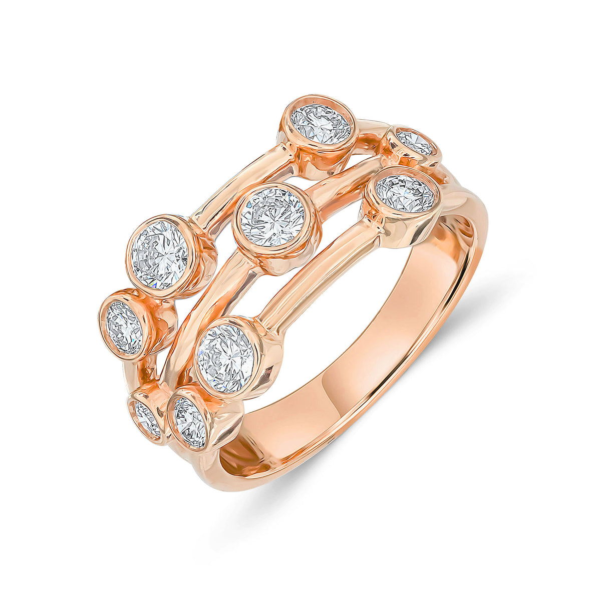 18CT ROSE GOLD ROUND DIAMOND 3 ROW BUBBLE RING 1.00CT