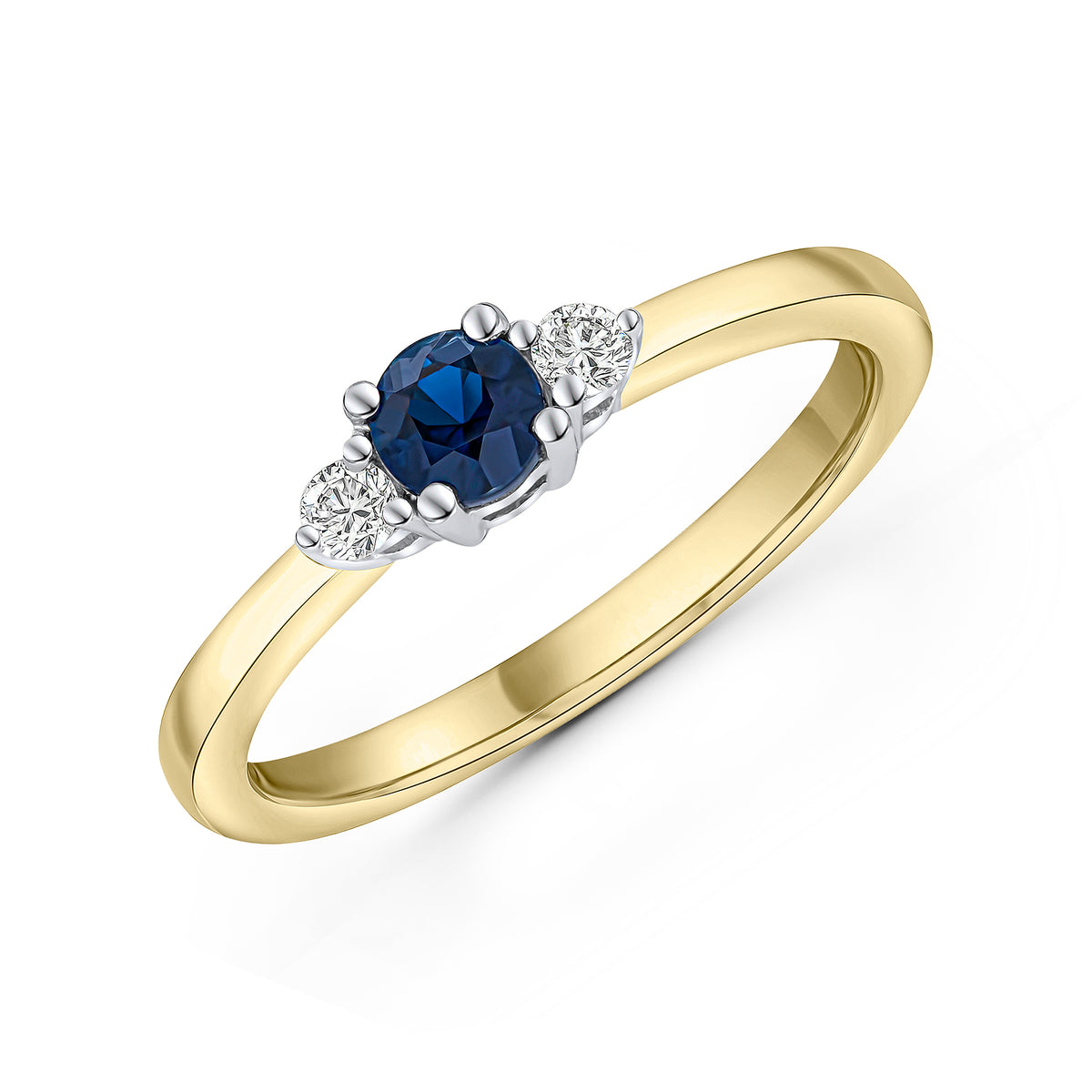 18YWG ROUND 5MM SAPPHIRE & BRILLIANT CUT DIAMOND 3 STONE RING