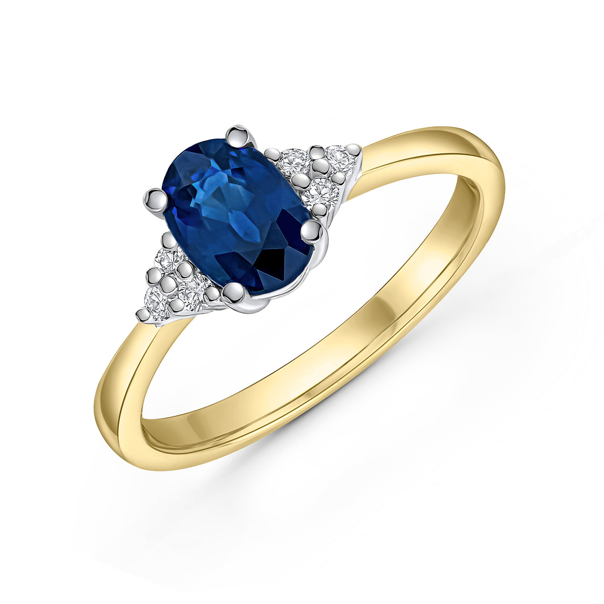 18CT YELLOW GOLD 7X5 OVAL SAPPHIRE & DIAMOND TREFOIL RING RHODIUM TO STONES