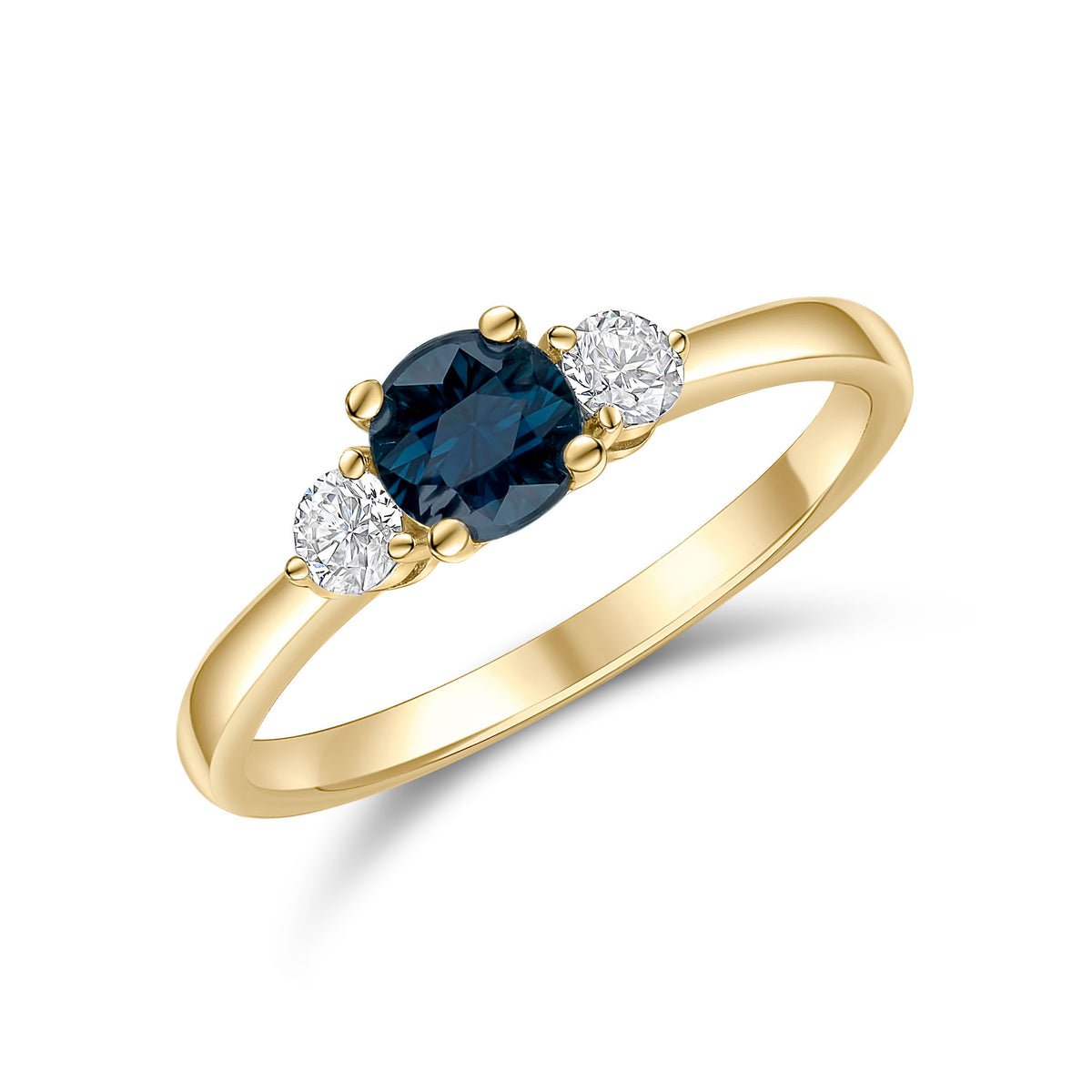 18CT YG 5MM ROUND SAPPHIRE & DIAMOND 3 STONE RING