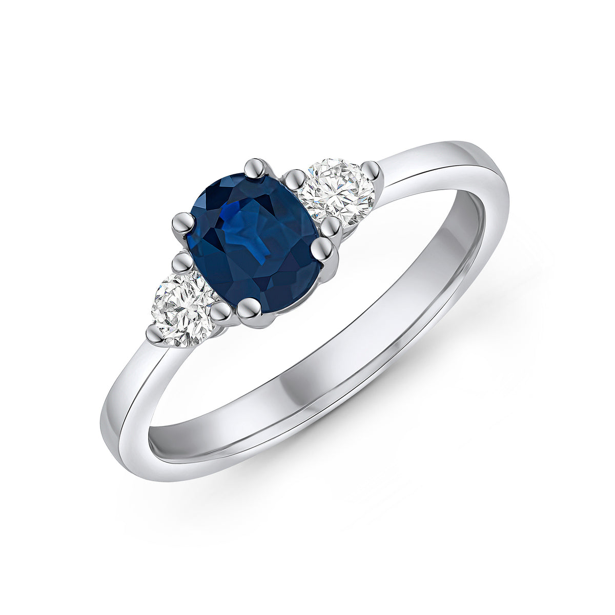 18WG OVAL 6X5MM SAPPHIRE & ROUND DIAMOND 3 STONE RING