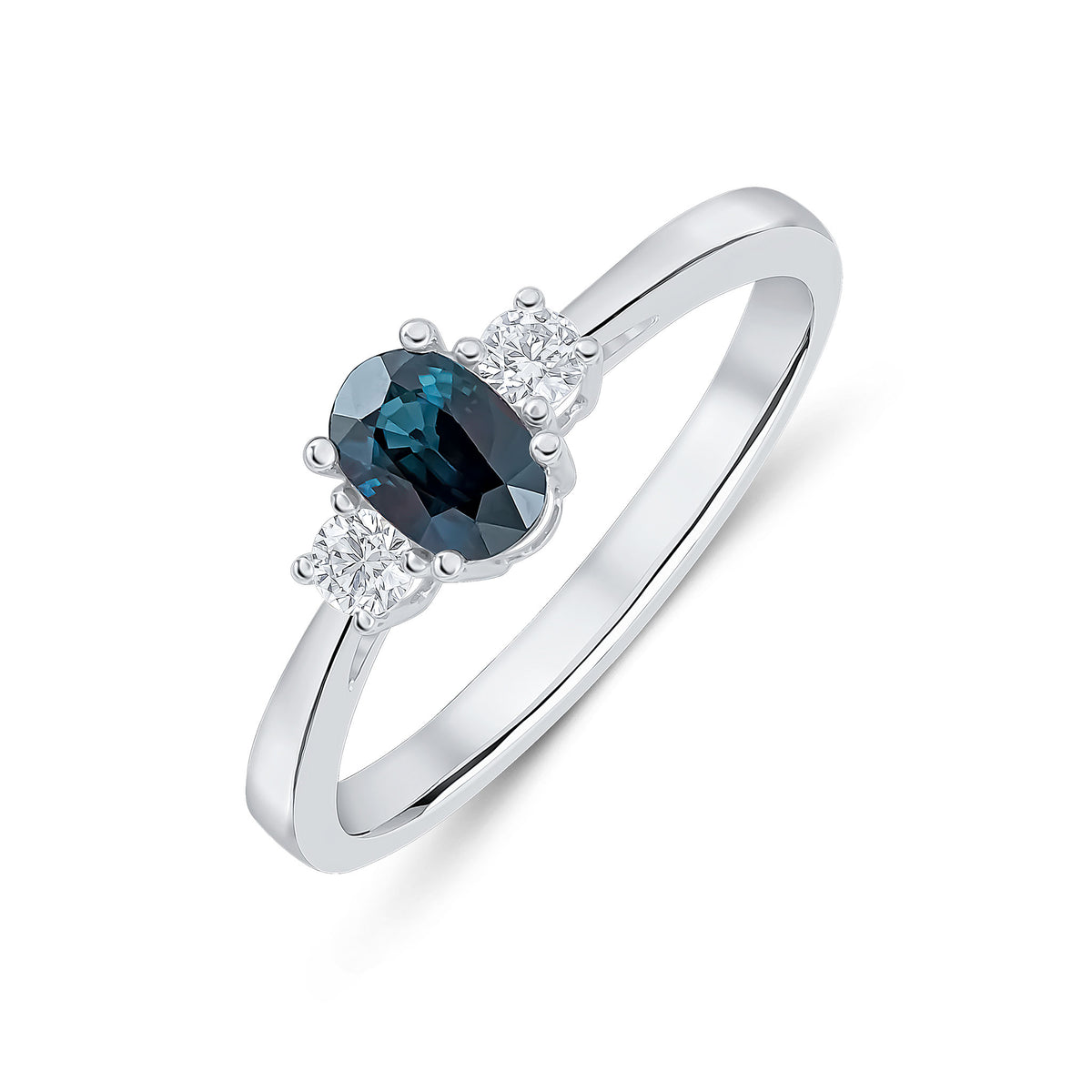 18CT WG 6X4 OVAL SAPPHIRE & ROUND DIAMOND CLAW SET 3 STONE RING