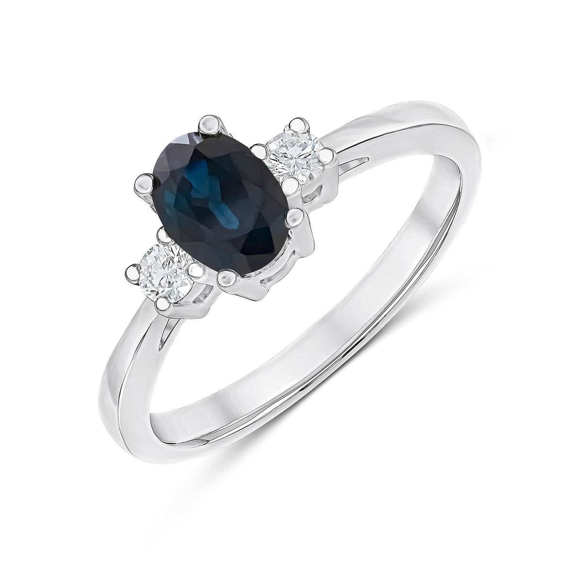 18CT WHITE GOLD 7X5 OVAL SAPPHIRE & DIAMOND 3 STONE CLAW SET RING