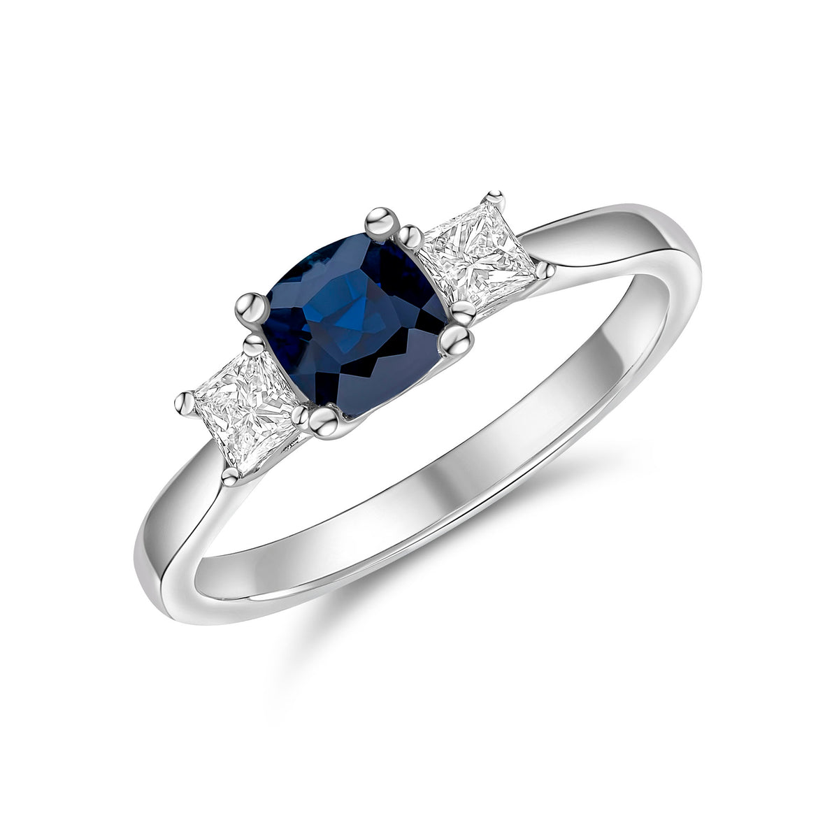 18CT WG 5MM CUSHION SAPPHIRE AND PRINCESS CUT DIAMOND CLAW SET 3ST RING