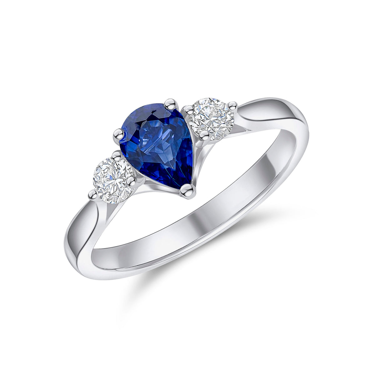 18CT WG PEARSHAPE SAPPHIRE AND BRILLIANT CUT DIAMOND CLAW 3ST RING