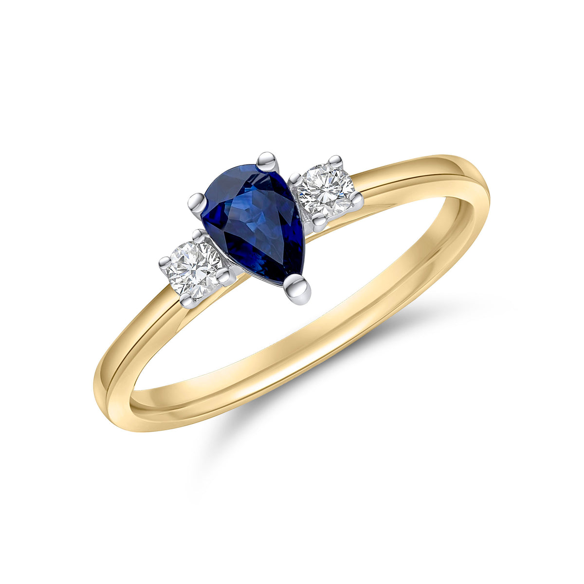 18CT YWG 6X4 PEARSHAPE SAPPHIRE AND ROUND DIAMOND 3ST CLAW RING
