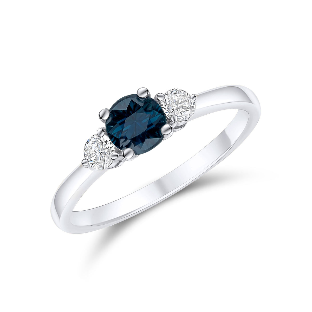 18CT WG 5MM ROUND SAPHIRE & DIAMOND 3 STONE RING