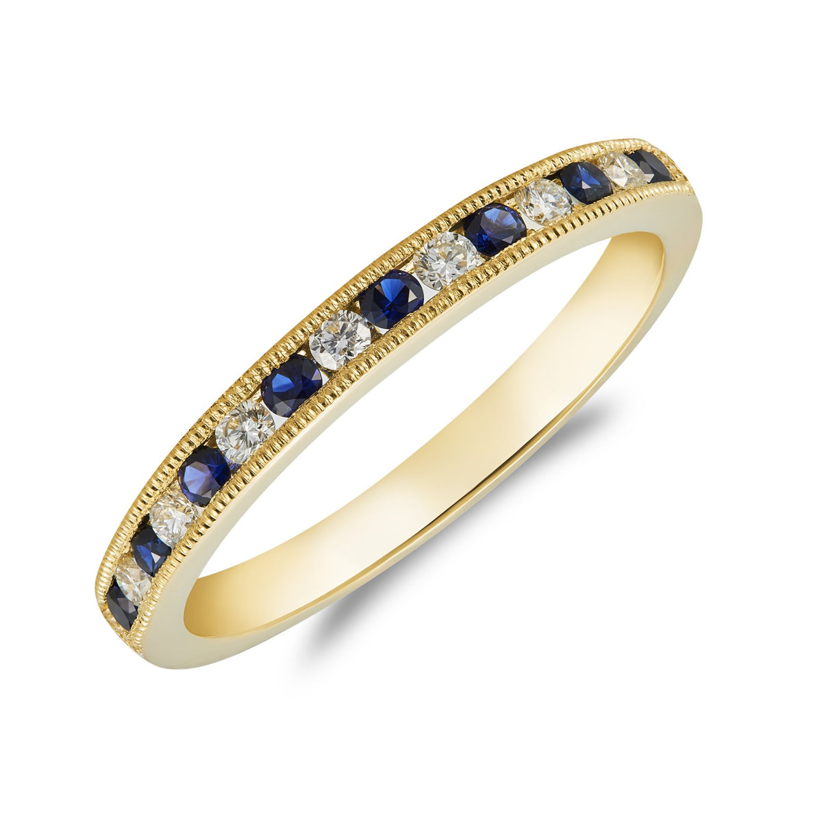 18CT YG ROUND SAPPHIRE & DIAMOND MILLEGRAIN 15ST 1/2 ETERNITY RING