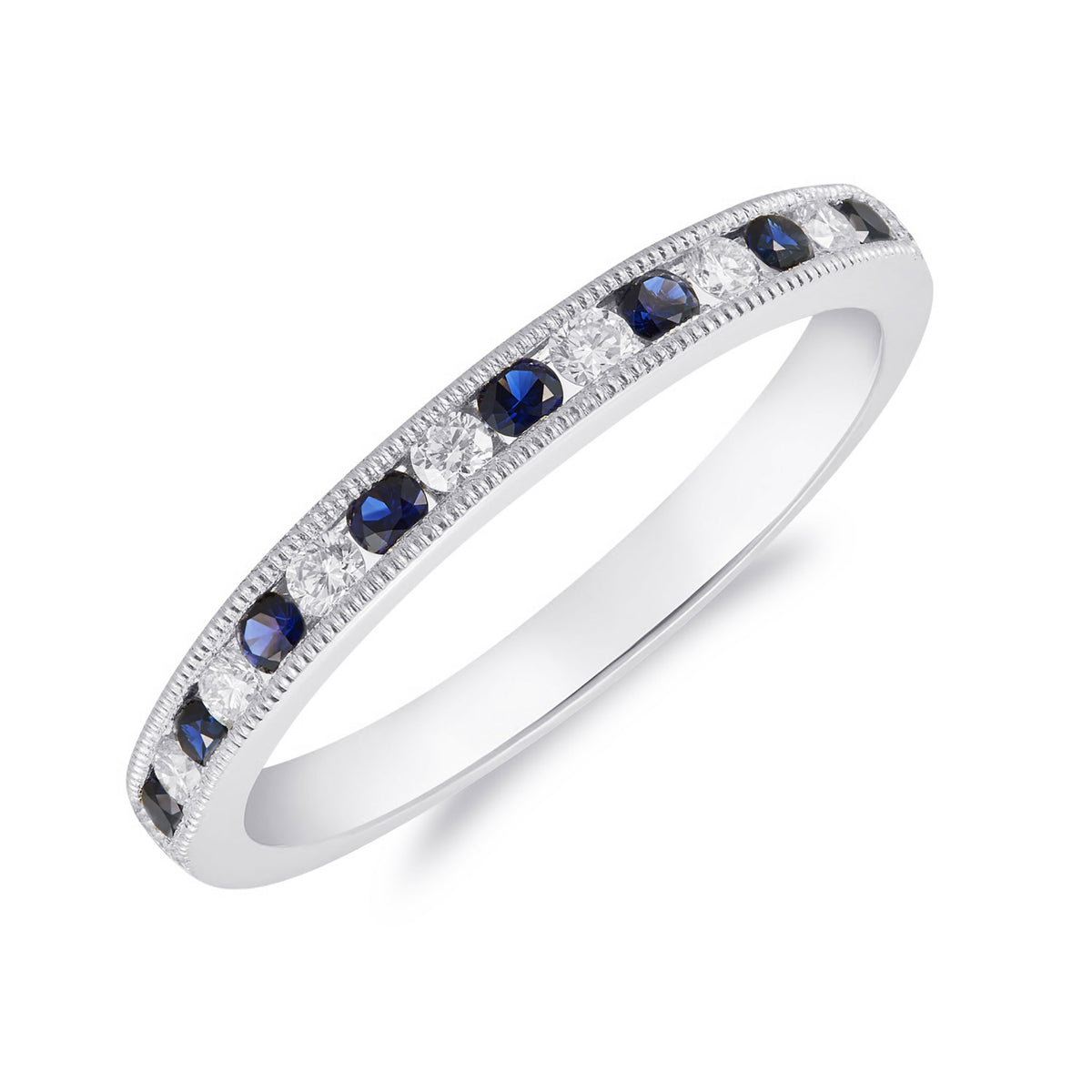 18CT WG ROUND SAPPHIRE & DIAMOND MILLEGRAIN 15ST 1/2 ETERNITY RING