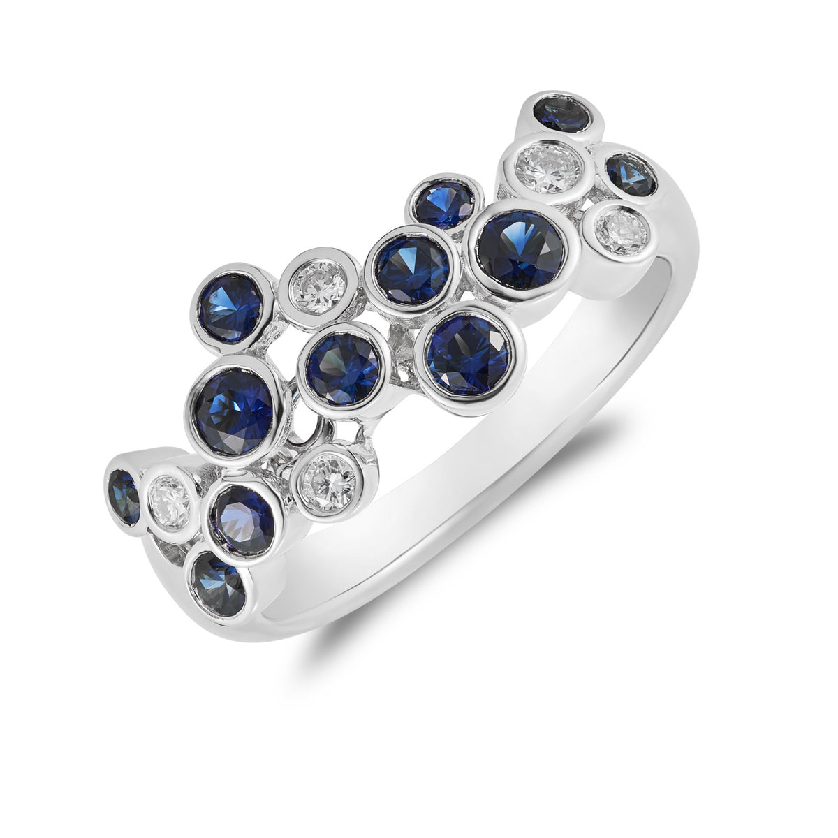 18CT WG SAPPHIRE AND DIAMOND WIDE BUBBLE BAND RING