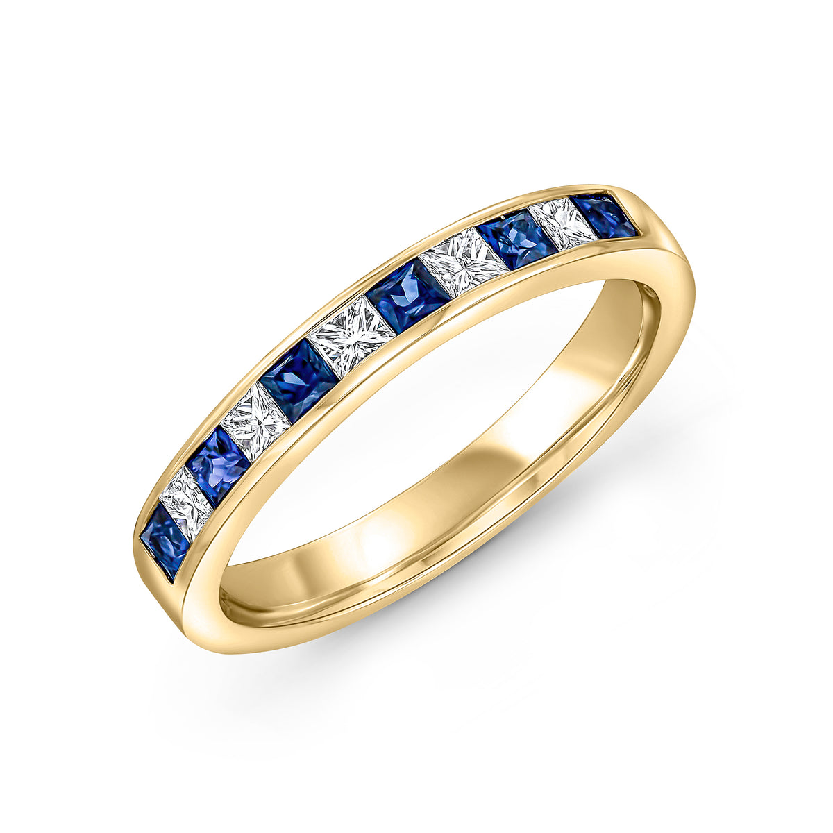 18YG SQUARE SAPPHIRE & DIAMOND 11 STONE CHANNEL SET 1/2 ETERNITY RING