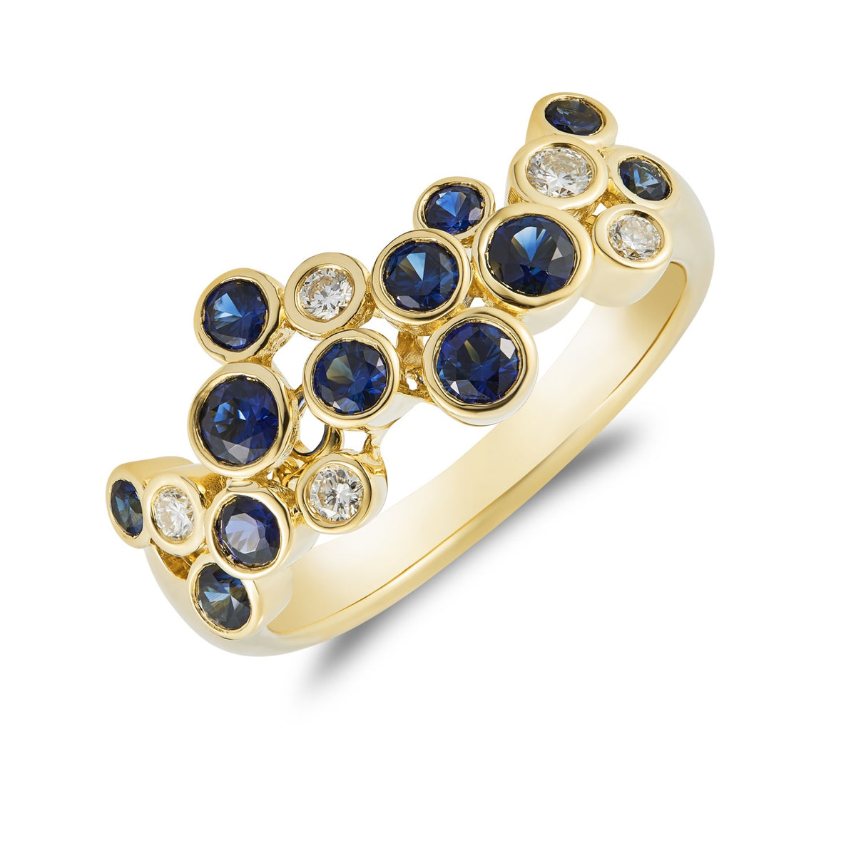 18CT YG SAPPHIRE AND DIAMOND WIDE BUBBLE BAND RING