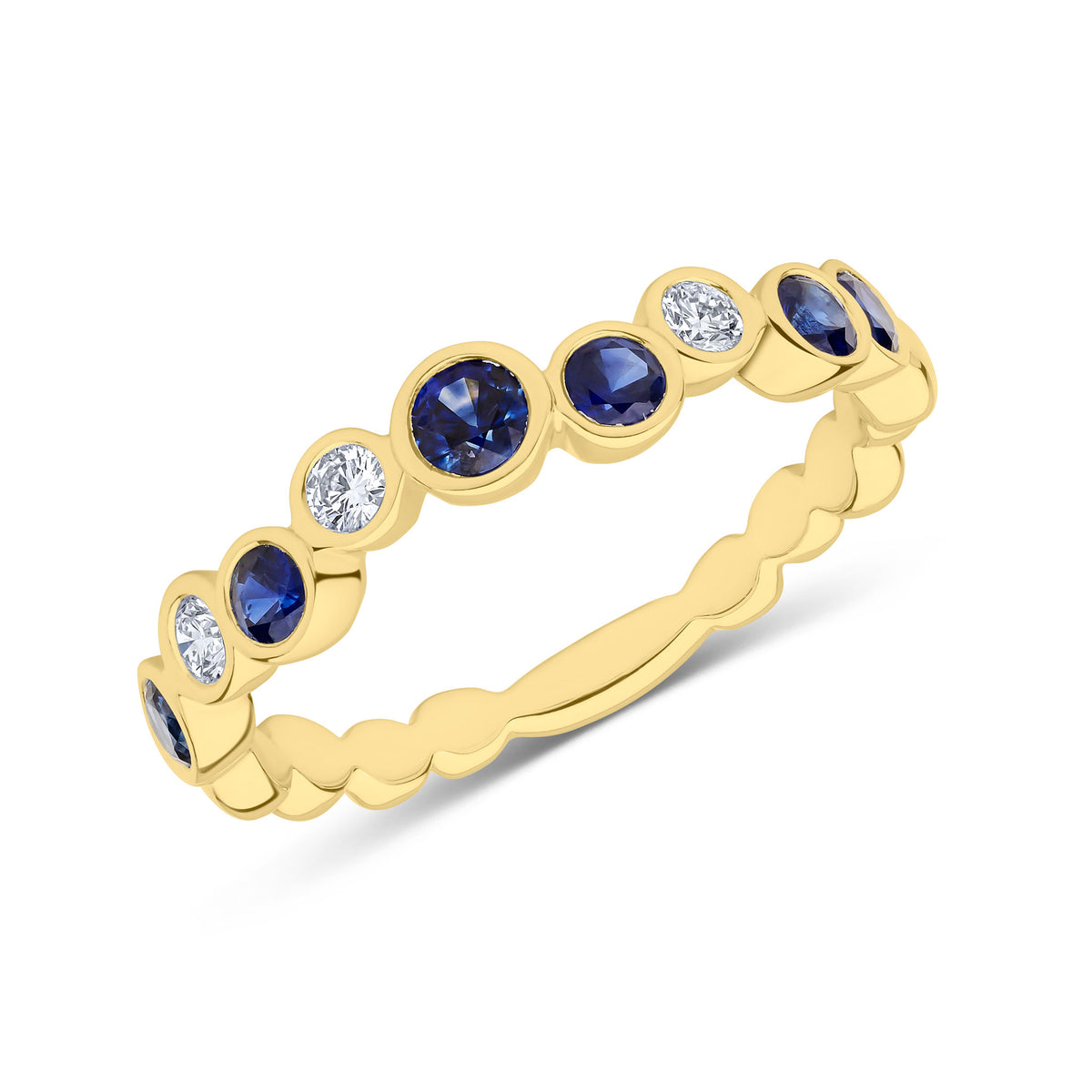 18CT YG ROUND SAPPHIRE & DIAMOND SINGLE ROW BUBBLE RING