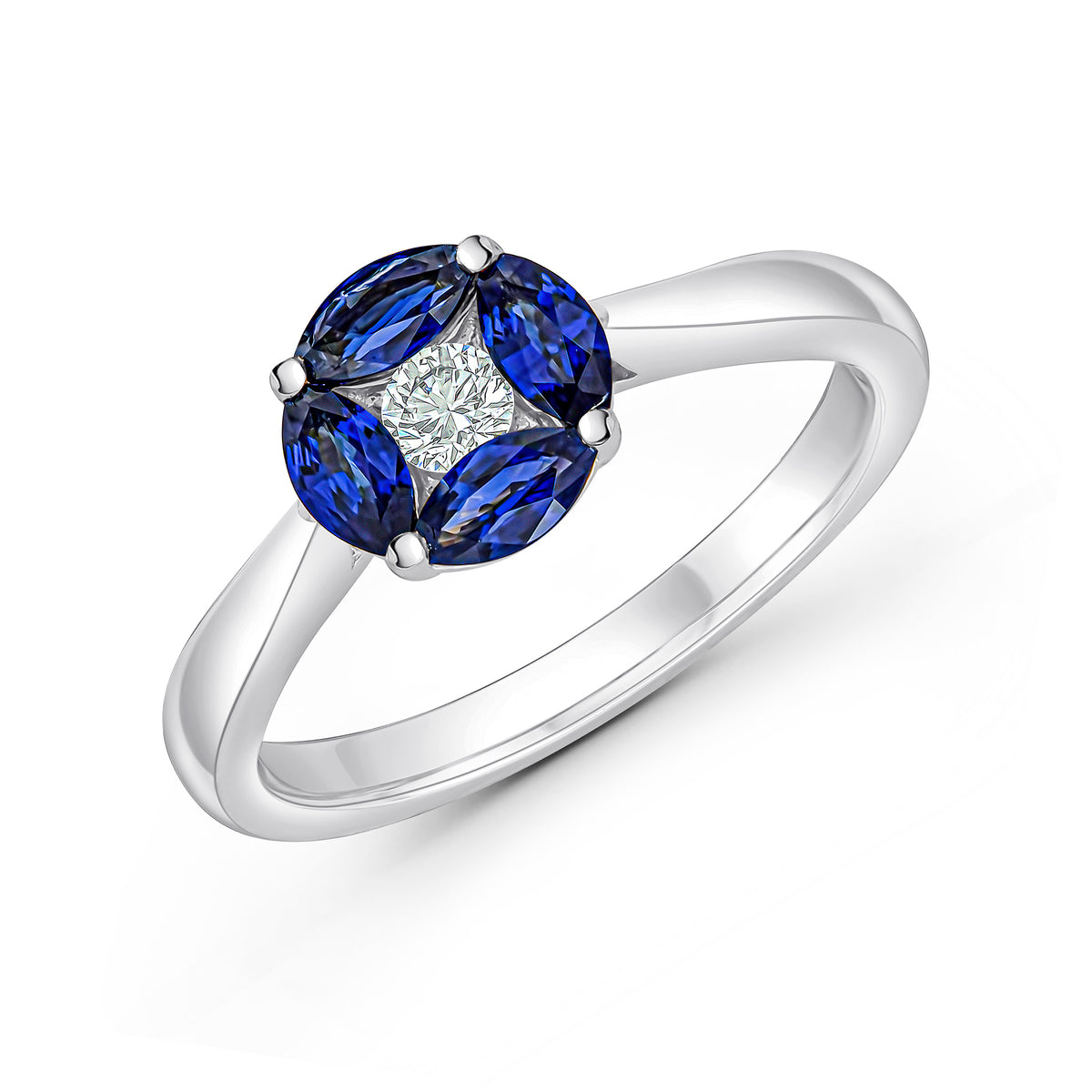 18CT WG MARQUISE SAPPHIRE AND ROUND DIAMOND CLUSTER RING. TAPERED SHANK