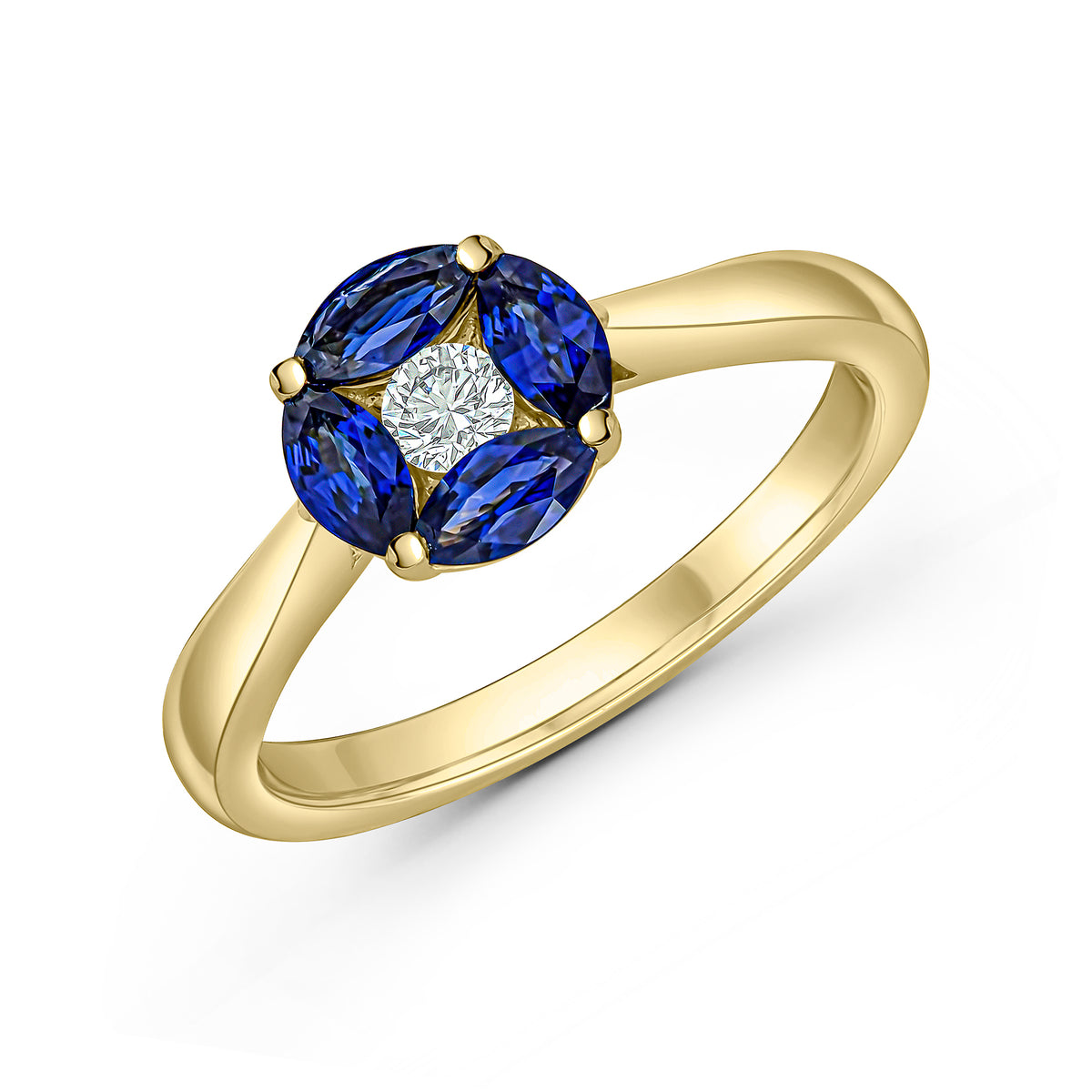 18CT YG MARQUISE SAPPHIRE AND ROUND DIAMOND CLUSTER RING. TAPERED SHANK