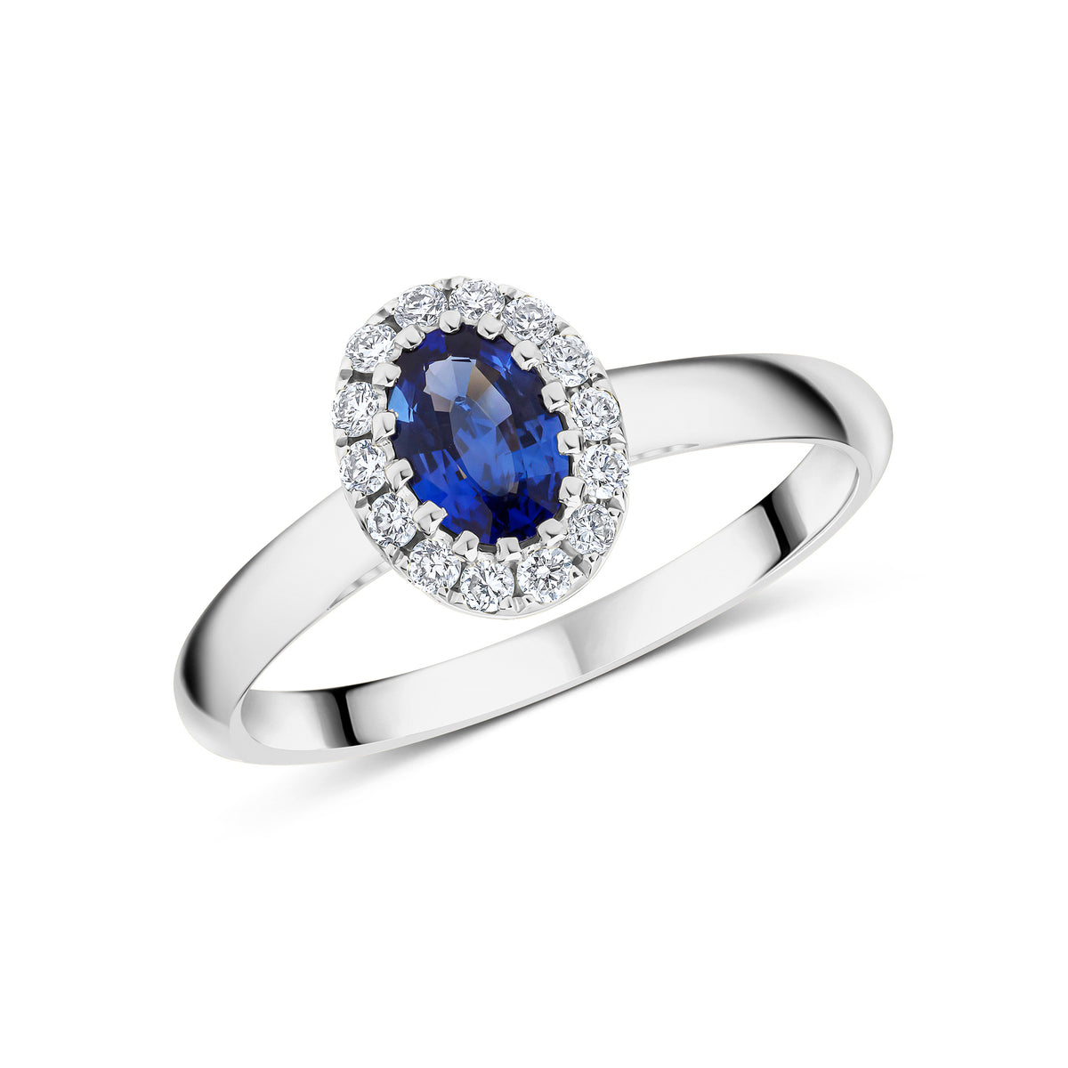 18CT WG 6X4 OVAL SAPPHIRE & DIAMOND CLAW SET CLUSTER RING