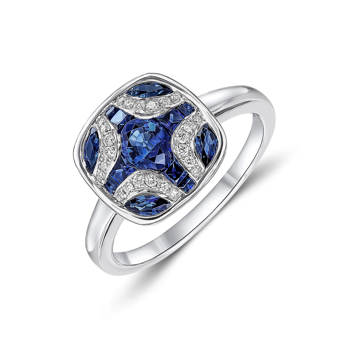 18CT WG SAPPHIRE & DIAMOND SHIELD RING WITH PLAIN SHANK