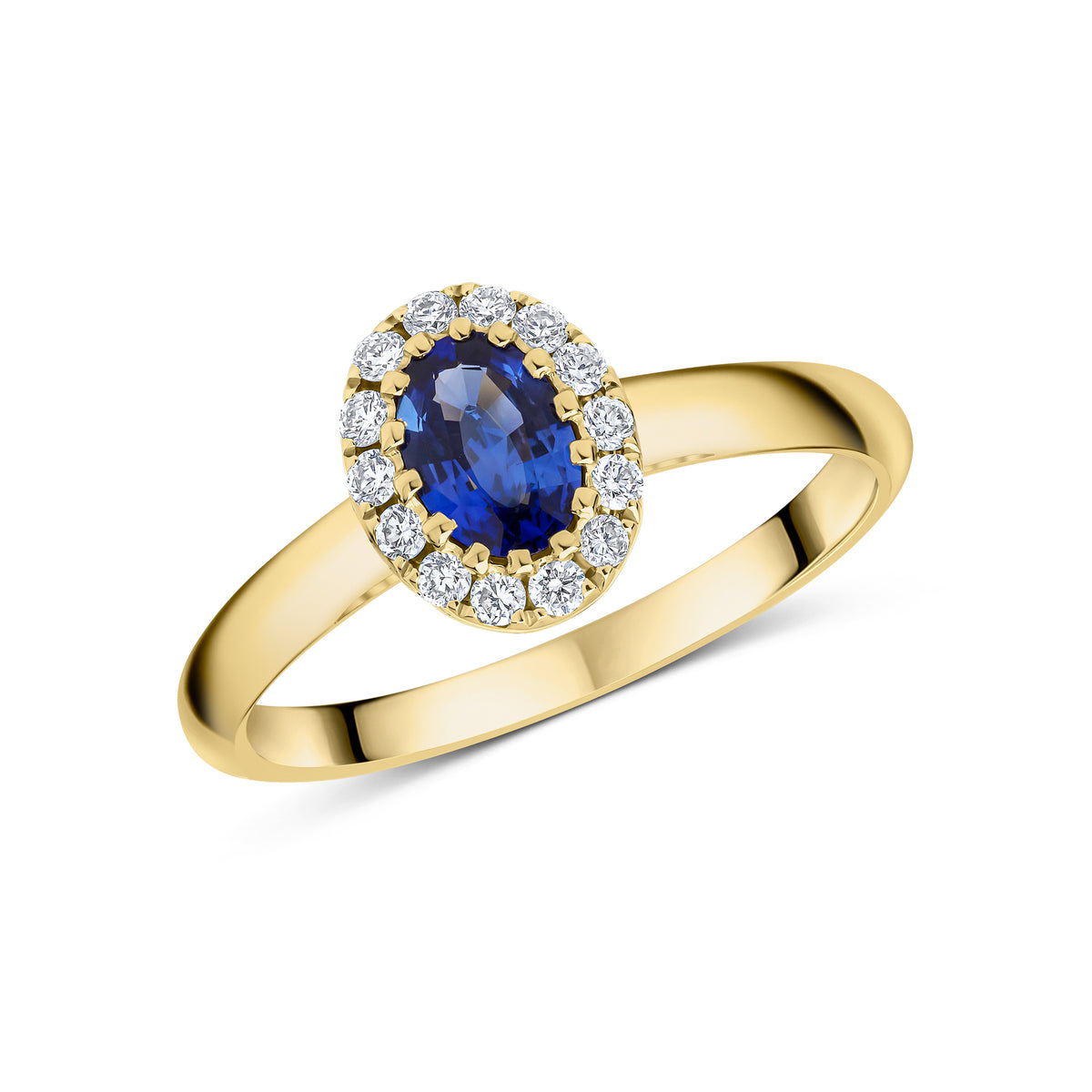 18CT YG 6X4 OVAL SAPPHIRE & DIAMOND CLAW SET CLUSTER RING