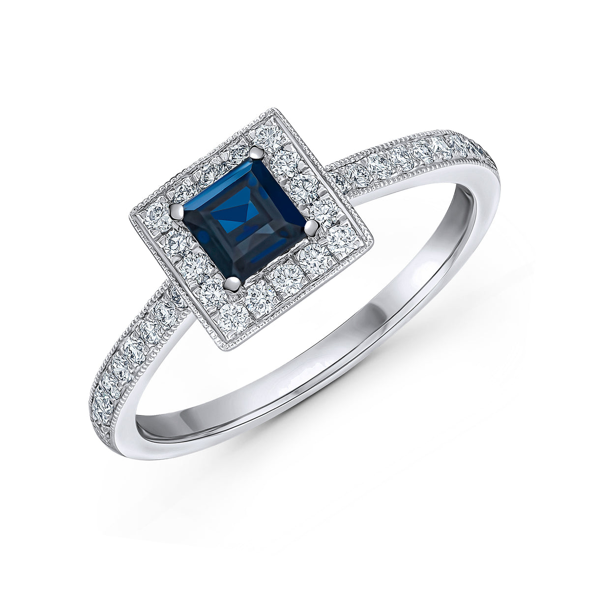 18CT WHITE GOLD SQUARE SAPPHIRE & DIAMOND MILLEGRAIN CLUSTER RING