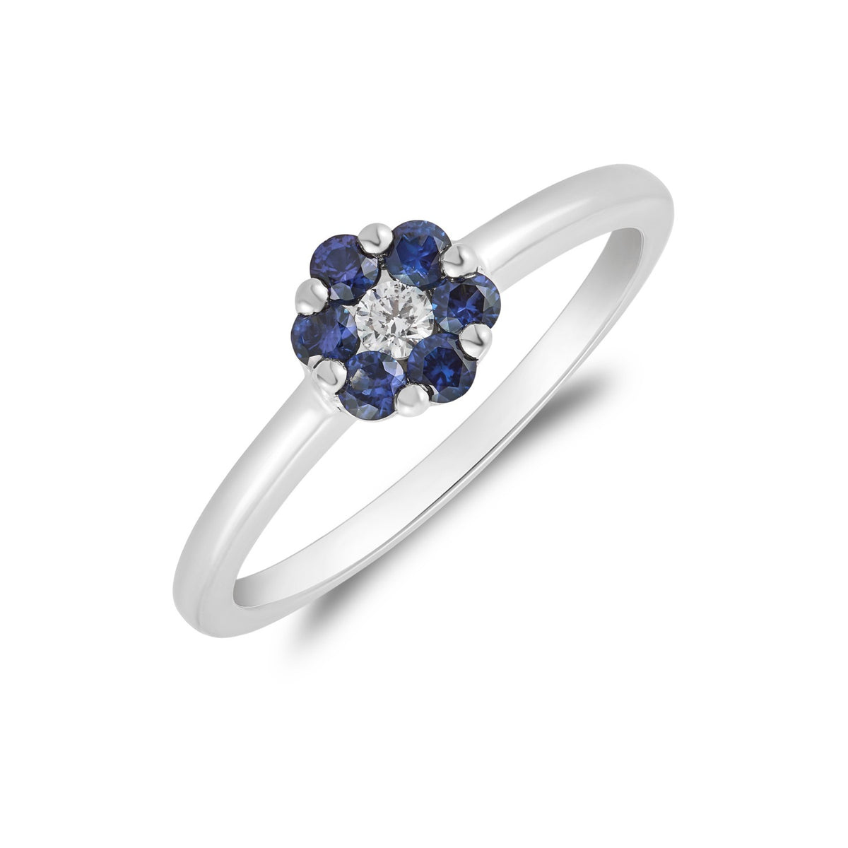 18CT WG ROUND SAPPHIRE & DIAMOND REVERSE CLUSTER RING
