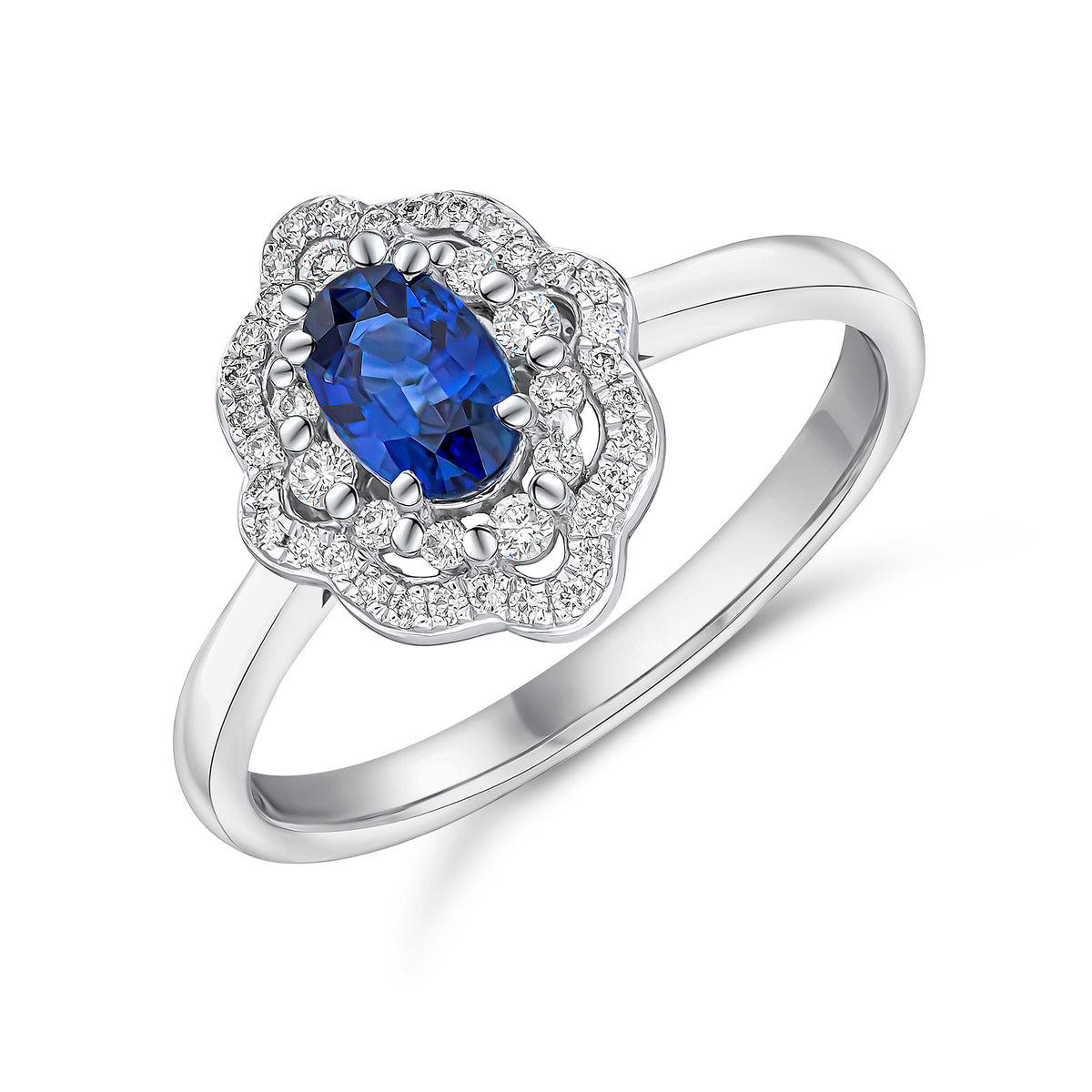 18WG OVAL SAPPHIRE & DIAMOND TWO ROW FANCY CLUSTER RING