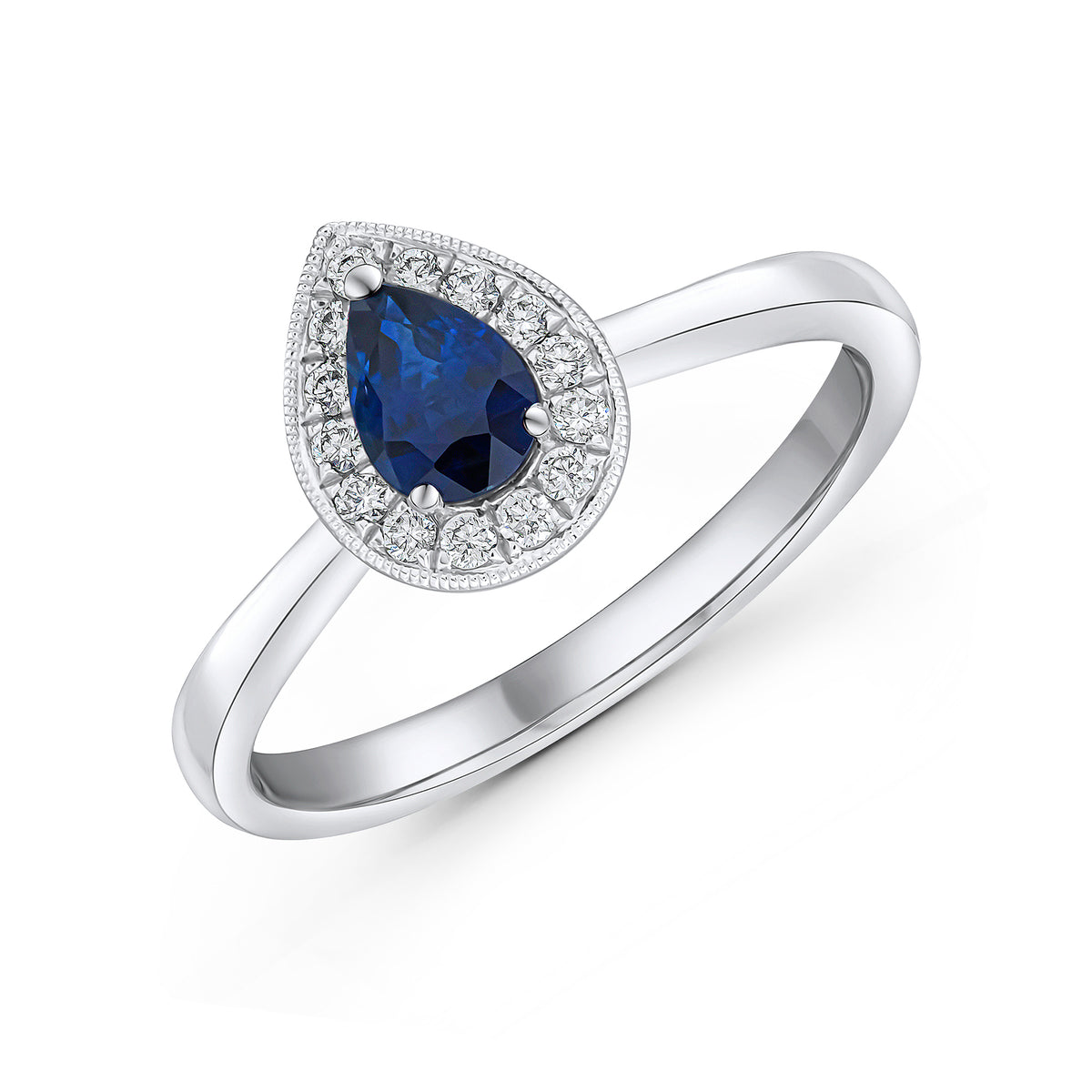 18CT WG 6X4 PEARSHAPE SAPPHIRE & DIAMOND CLUSTER RING