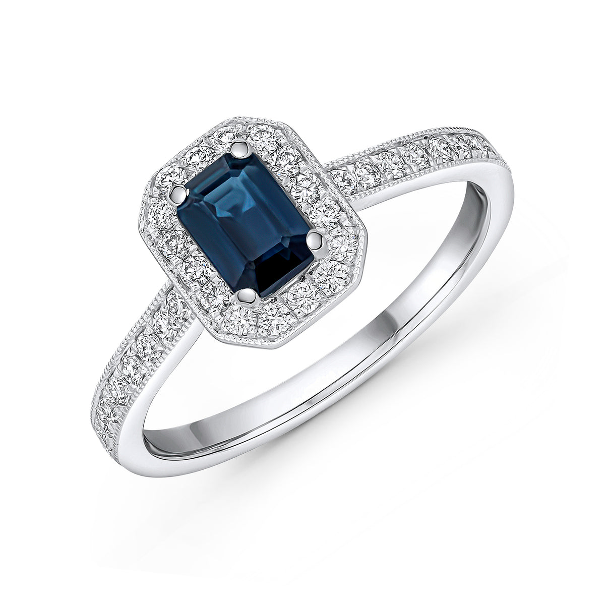 18CT WHITE GOLD OCTAGON SAPPHIRE & DIAMOND MILLEGRAIN CLUSTER RING
