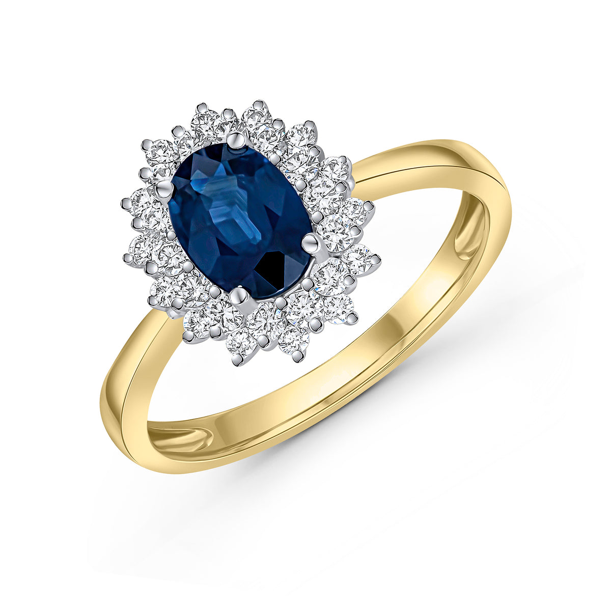 18CT YWG OVAL SAPPHIRE & DIAMOND CLAW CLUSTER RING