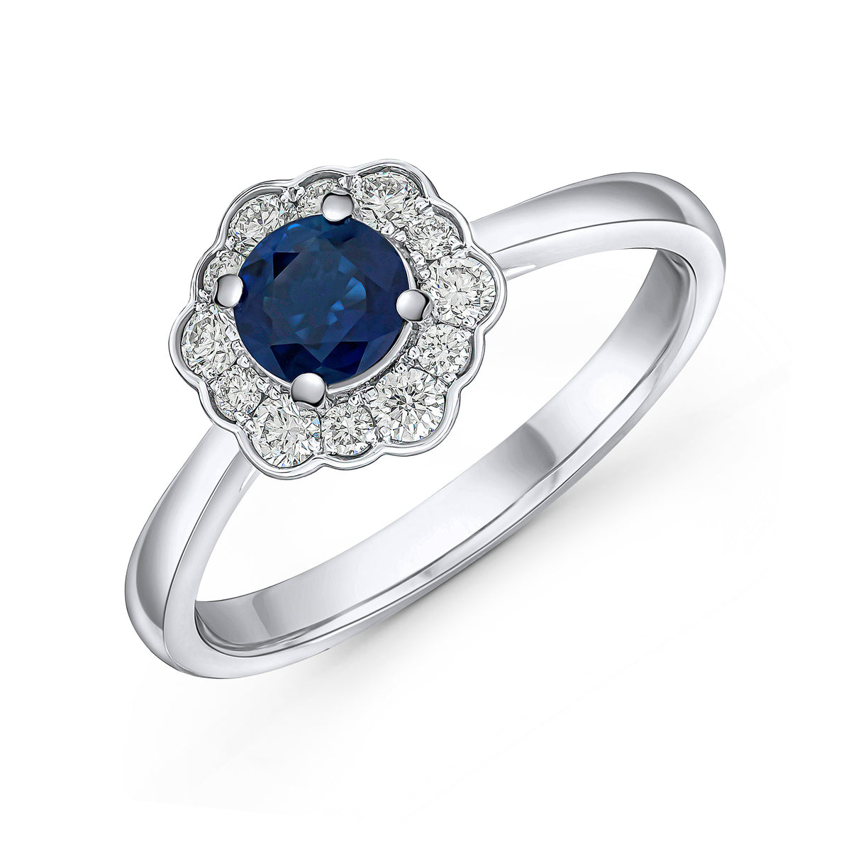 18CT WG 5MM ROUND SAPPHIRE AND DIAMOND  CLUSTER RING
