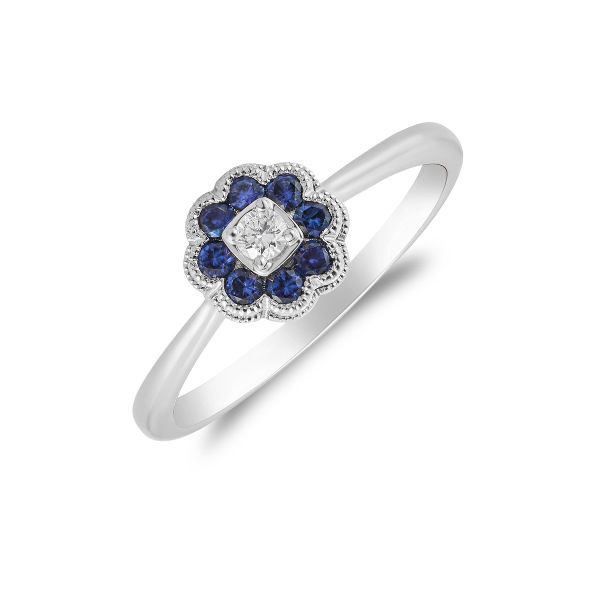 18CT WHITE GOLD SAPPHIRE & DIAMOND REVERSE CLUSTER RING MILLEGRAIN EDGE