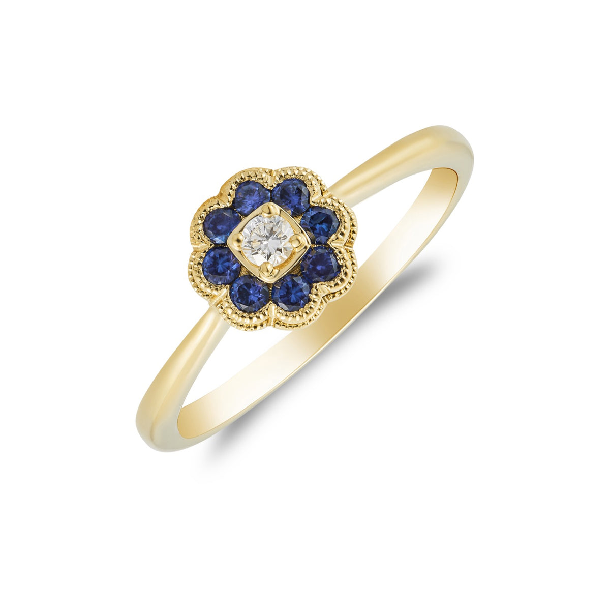 18CT YG ROUND SAPPHIRE AND DIAMOND REVERSE CLUSTER RING WITH MILLEGRAIN EDGE