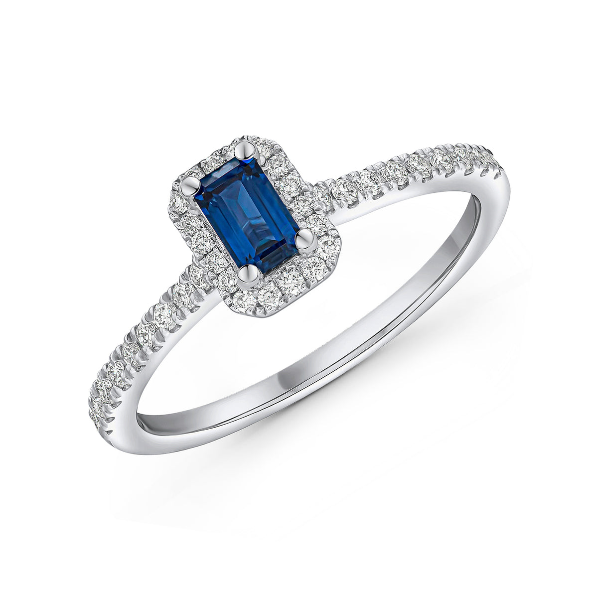 18CT WHITE GOLD OCTAGON SAPPHIRE & DIAMOND CLUSTER RING STONES ON SHOULDER