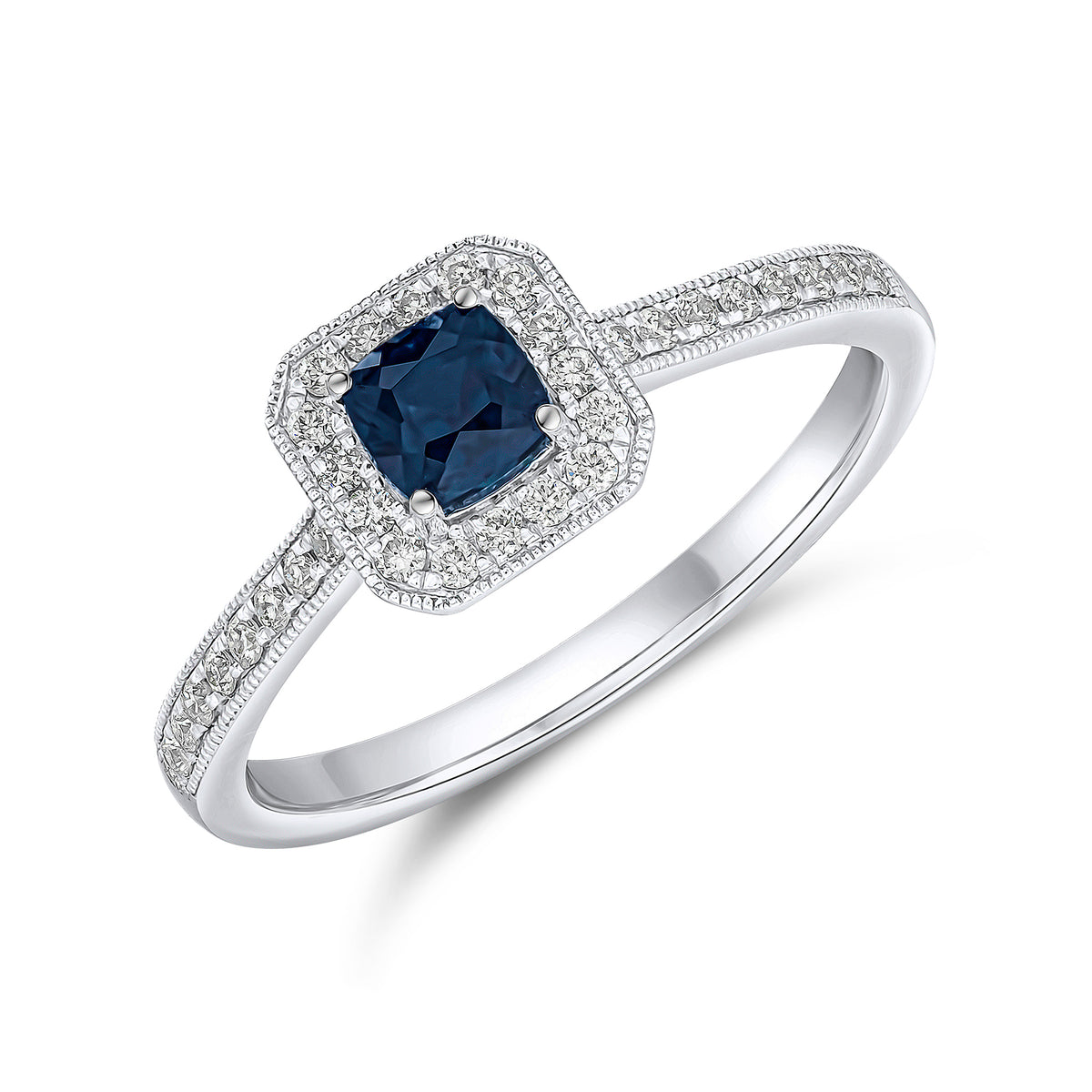 18WG CUSHION SAPPHIRE & DIAMOND CLUSTER RING STONES ON BAND