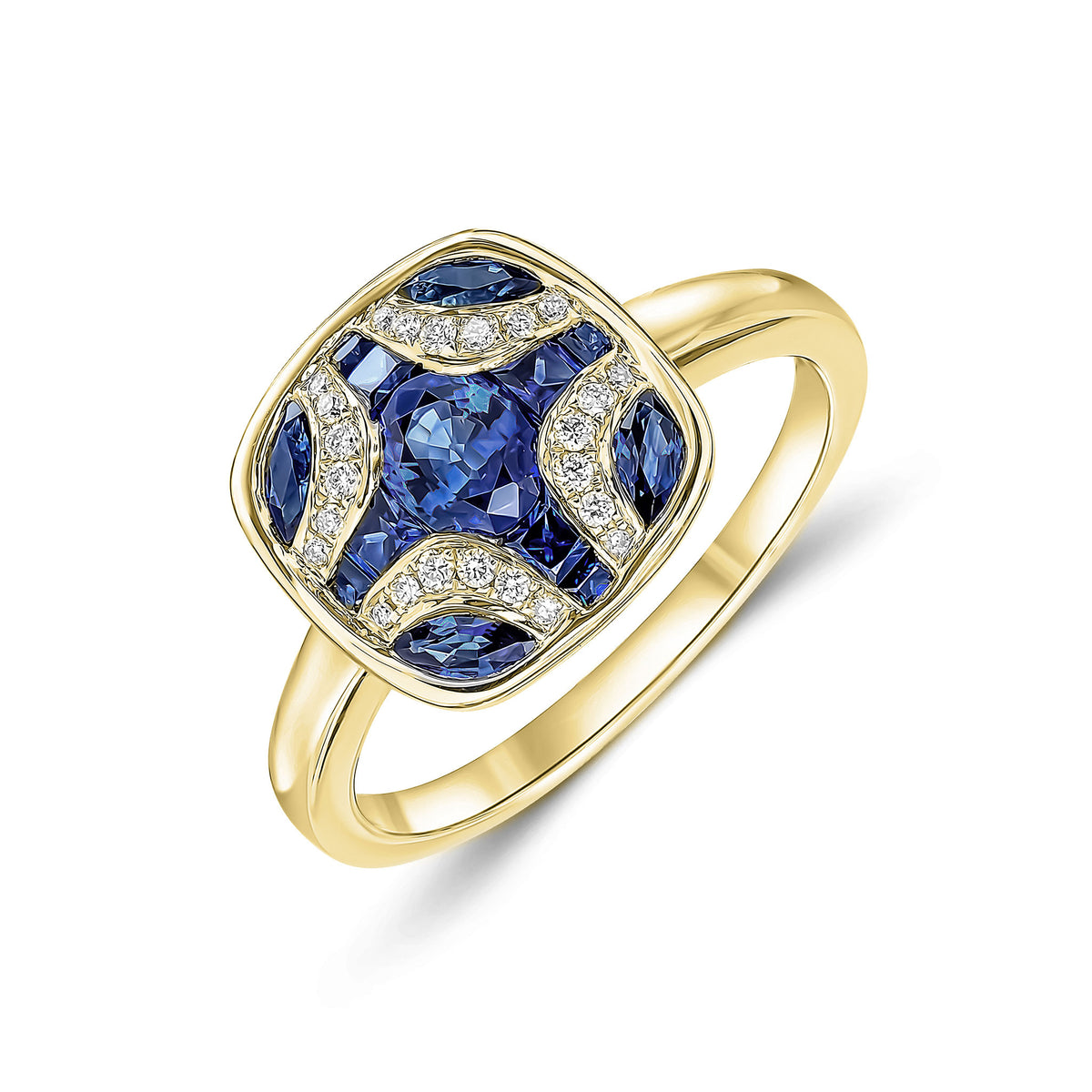 18CT YG SAPPHIRE & DIAMOND SHIELD RING WITH PLAIN SHANK