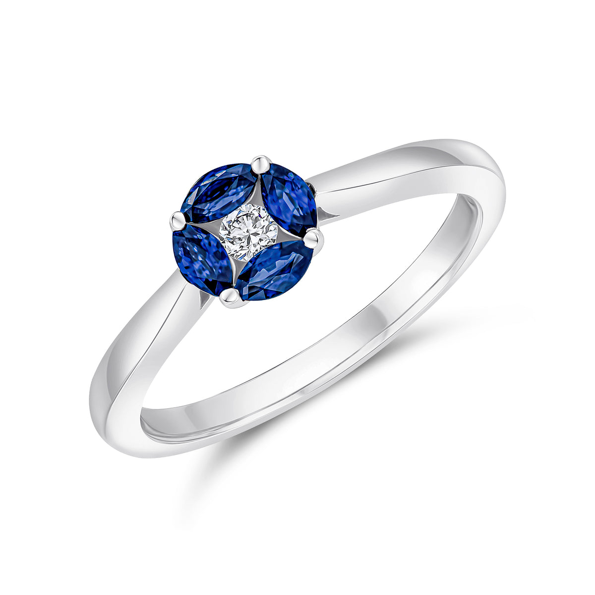 18CT WG MARQUISE SAPPHIRE & ROUND DIAMOND CLUSTER RING. TAPERED SHANK