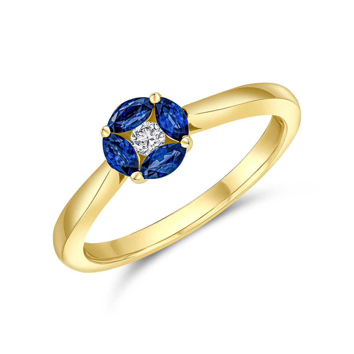 18CT YG MARQUISE SAPPHIRE & ROUND DIAMOND CLUSTER RING. TAPERED SHANK