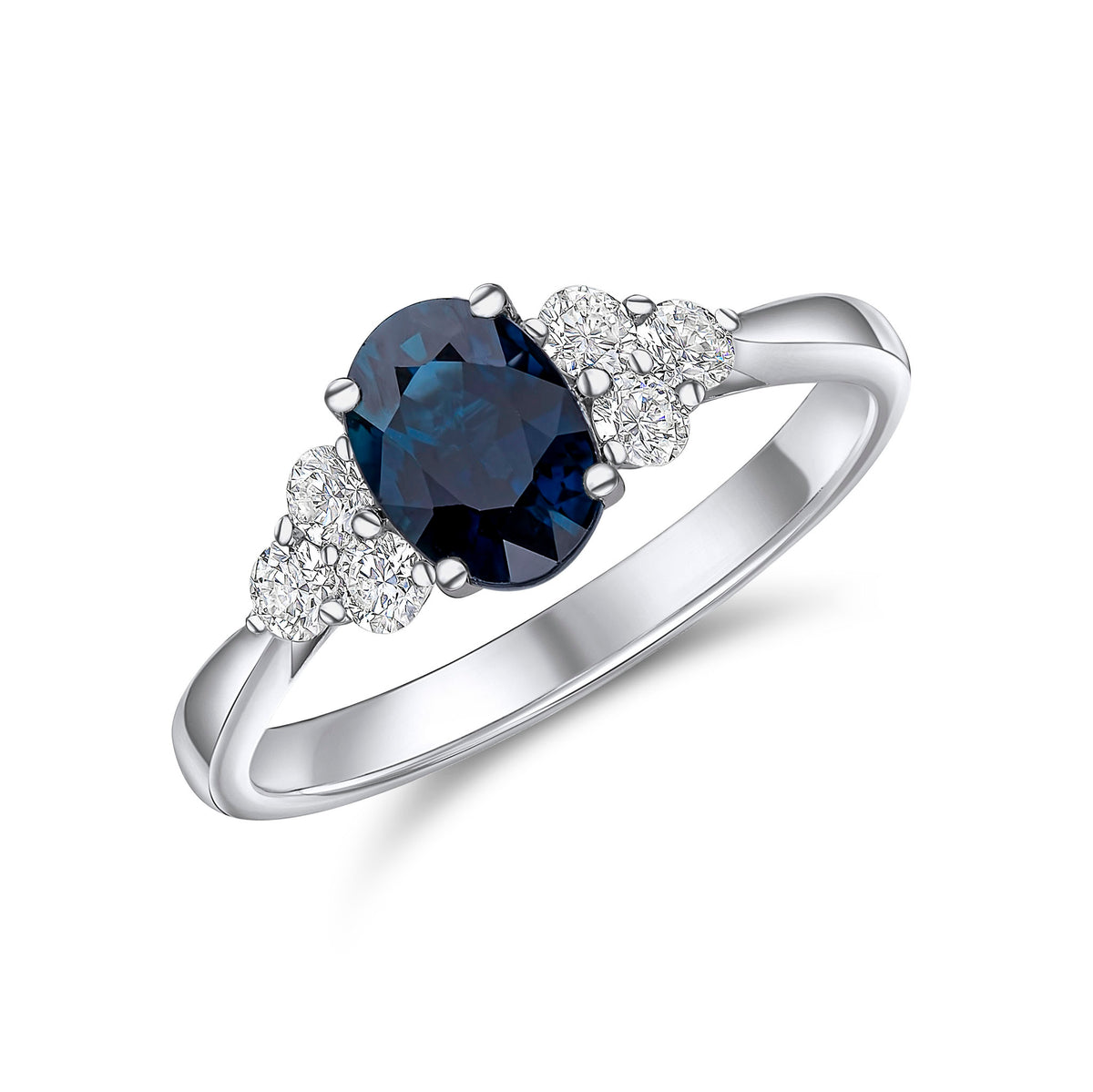 18CT WG 7X5 OVAL SAPPHIRE & DIAMOND TREFOIL SHOULDERS RING