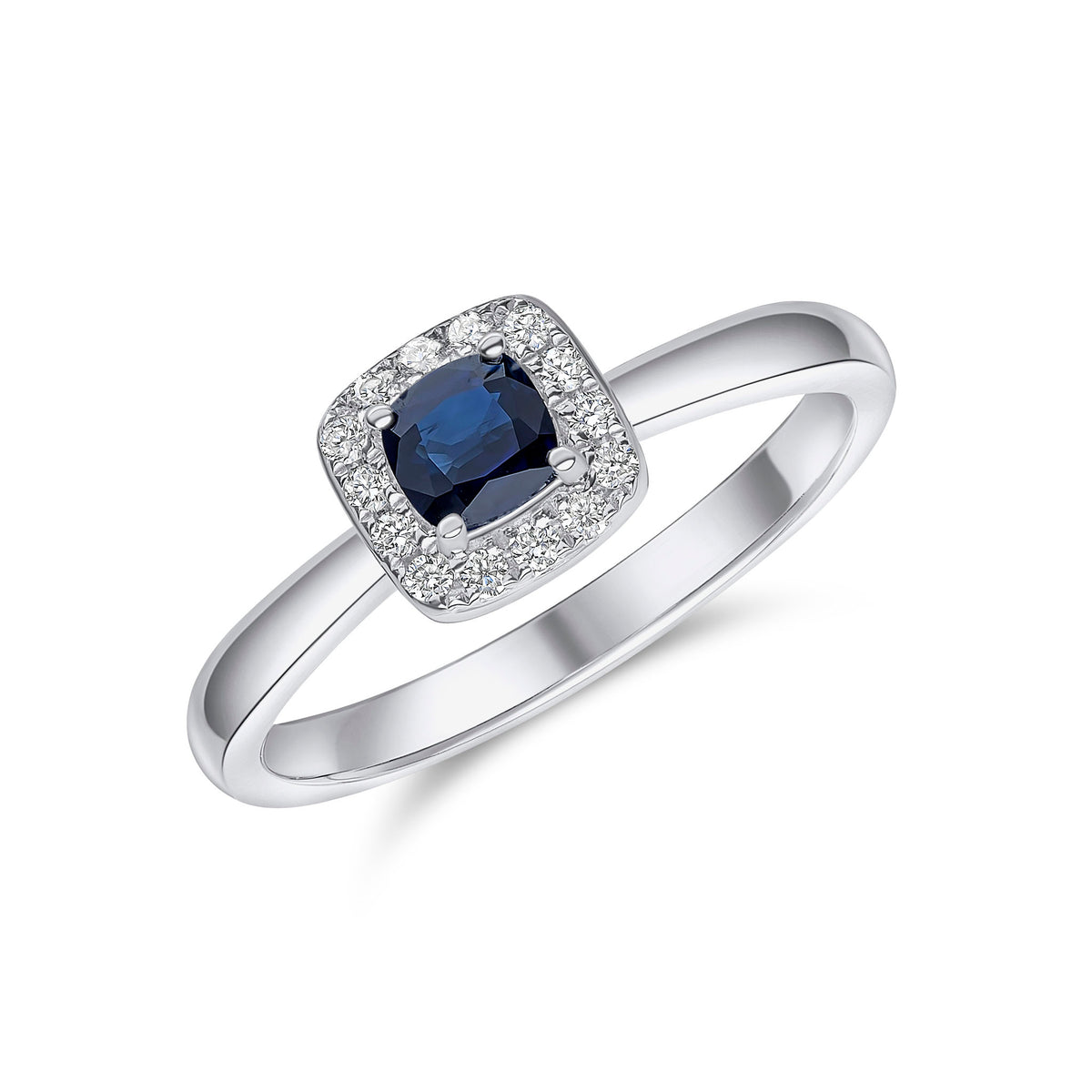 18CT WG 4MM CUSHION SAPPHIRE & DIAMOND CLUSTER RING