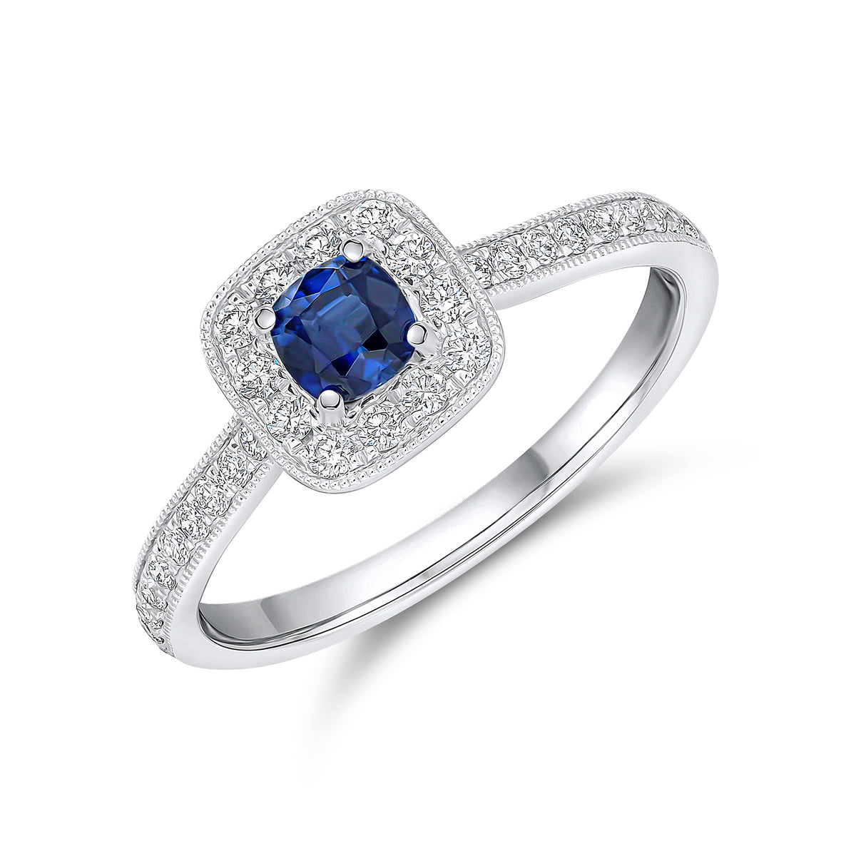 18WG.CUSHION SAPPHIRE & DIAMOND CLUSTER RING WITH DIAMOND SHOULDERS