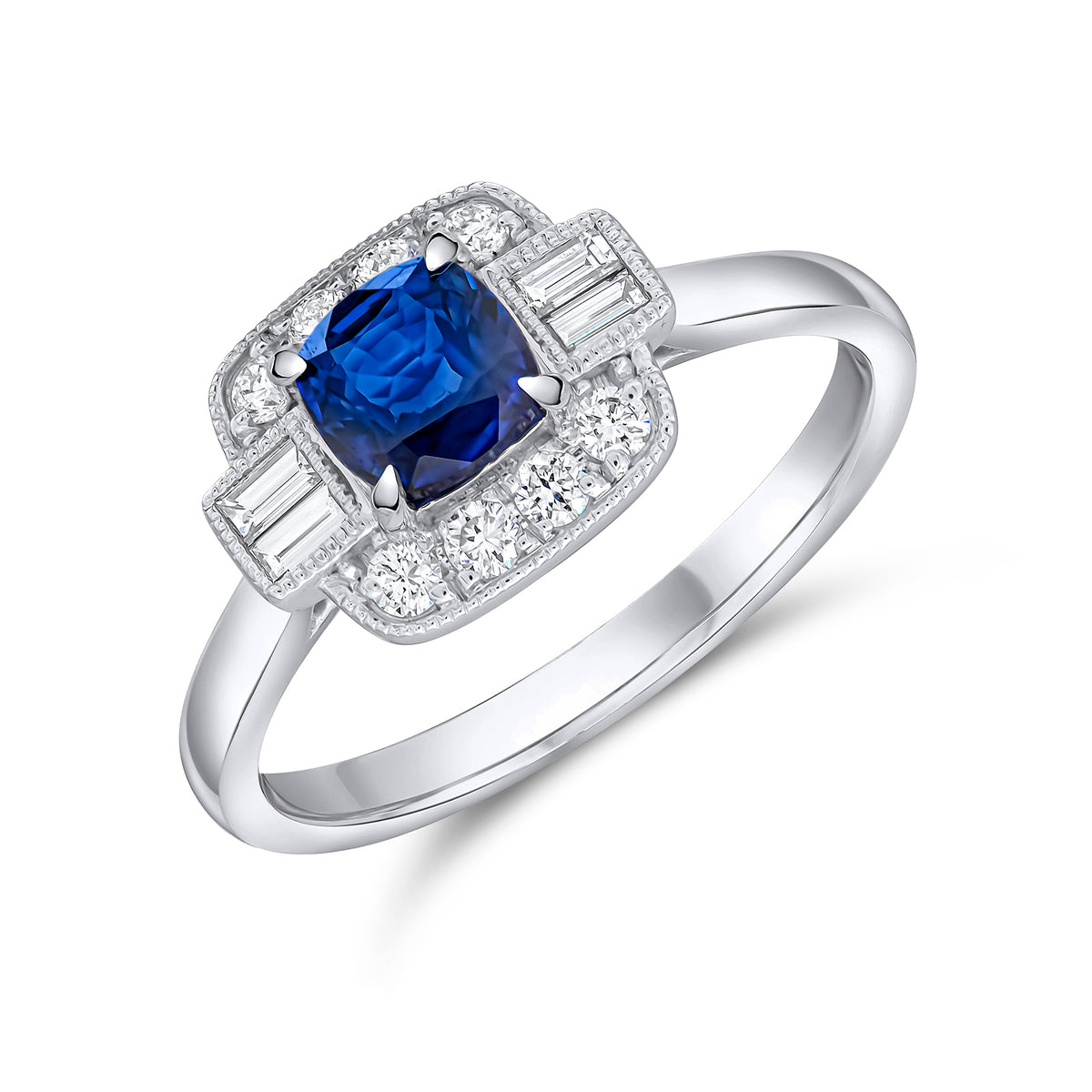 18CT WHITE GOLD CUSHION SAPPHIRE, ROUND & BAGUETTE DIAMOND MILLEGRAINE CLUSTER RING