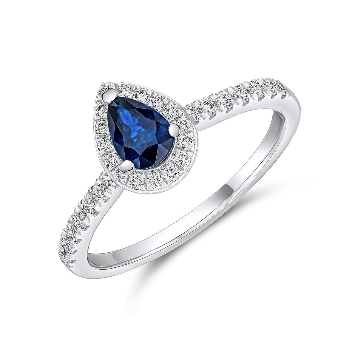 18WG PEARSHAPE SAPPHIRE & DIAMOND CLUSTER RING STONES ON SHOULDER