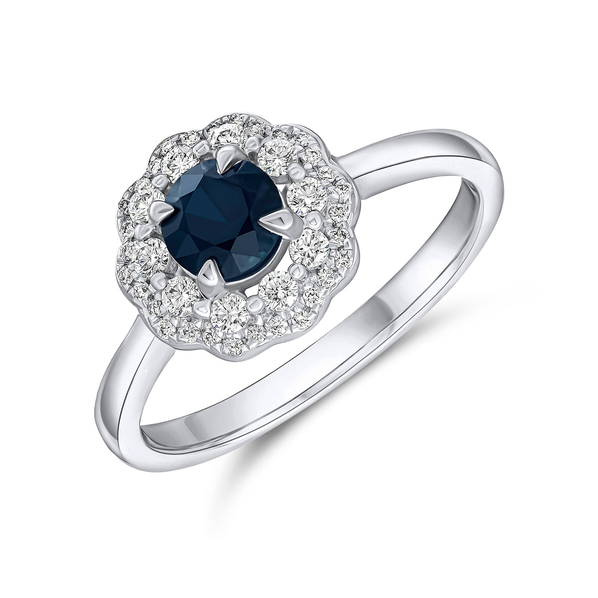 18WG.ROUND SAPPHIRE AND DIAMOND FANCY CLUSTER RING