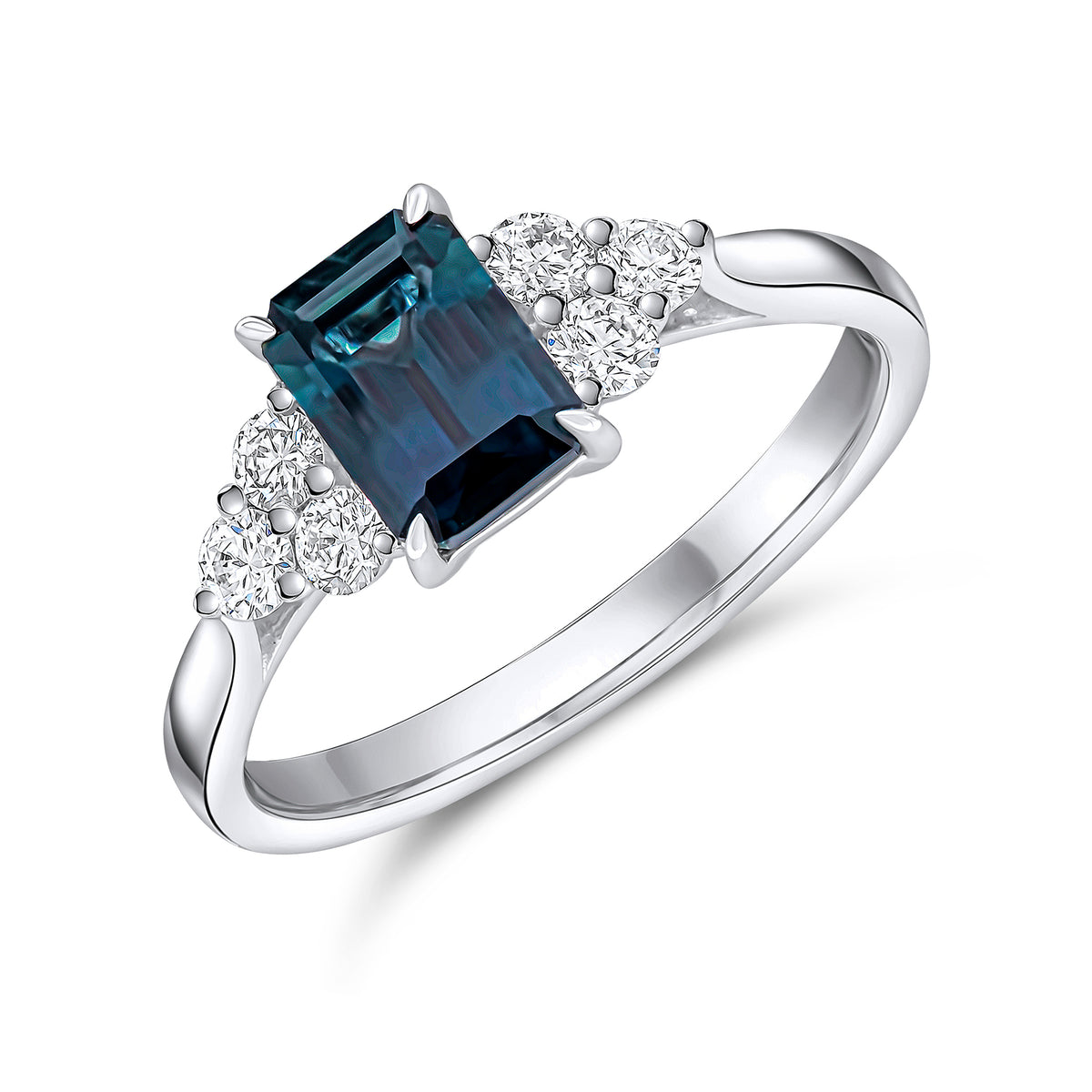 18CT WG OCTAGON SAPPHIRE AND DIAMOND TREFOILS CLAW SET RING